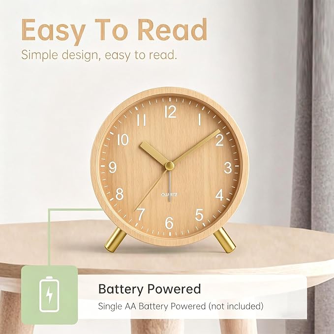 Analog Alarm Clock, Silent Non-Ticking with Night Light, Battery Operated, Fashionable Round Metal Alarm Clock for Office, Bedroom, Elderly, Adults, Women, Men Gifts Wood-Like Color