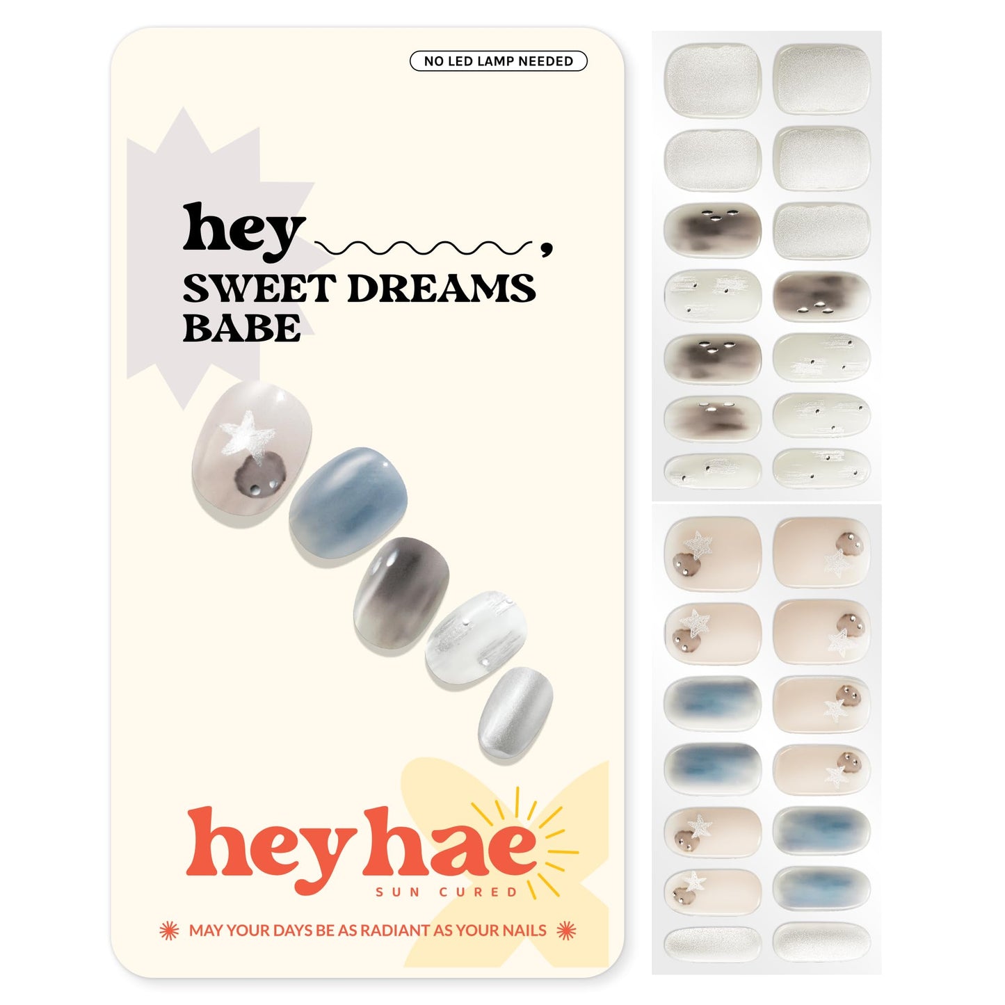 Heyhae Semi Cured Gel Nail Strips | No LED Lamp Needed | Ombre, Blue, White | Easy Apply & Remove, Salon Quality | Includes 28 Strips, 1 Prep Pads, Nail File & Wooden Stick - Hey, Sweet Dreams Babe