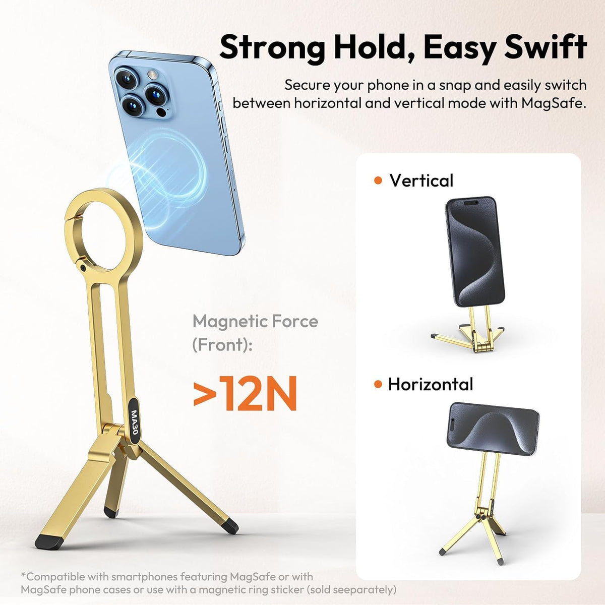 ULANZI MA30 Magnetic Phone Tripod Stand for iPhone - Aluminium Maglock Smartphone Mini Tripod Pocket Cell Phone Stand Strong Magnet Quick Mount Compatible with iPhone 16 15 14 13 12 Series, Gold