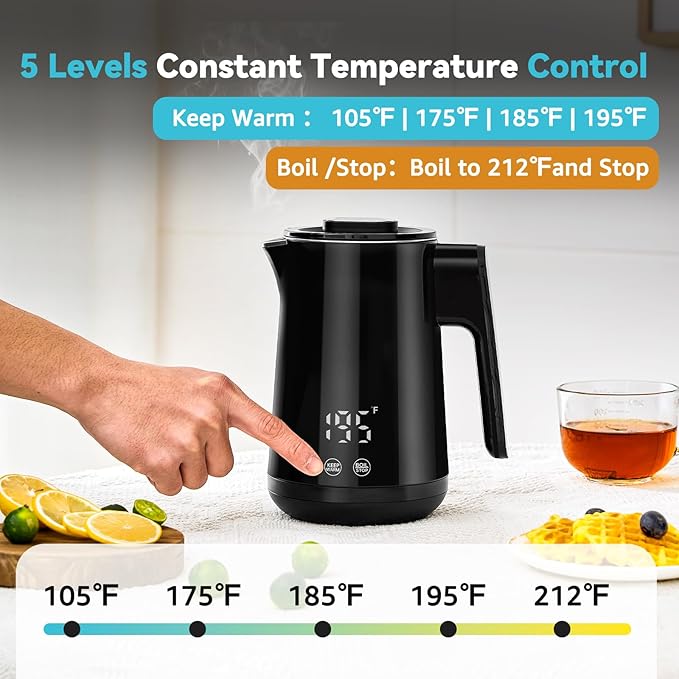 Seehot® 850ml Small Electric Kettle Temperature Control,800W Double Wall Electric Tea Kettle of 304 Stainless Steel,5 Temp Presets,Hot Water Kettle Electric,Auto Shut Off for Tea and Coffee-Black