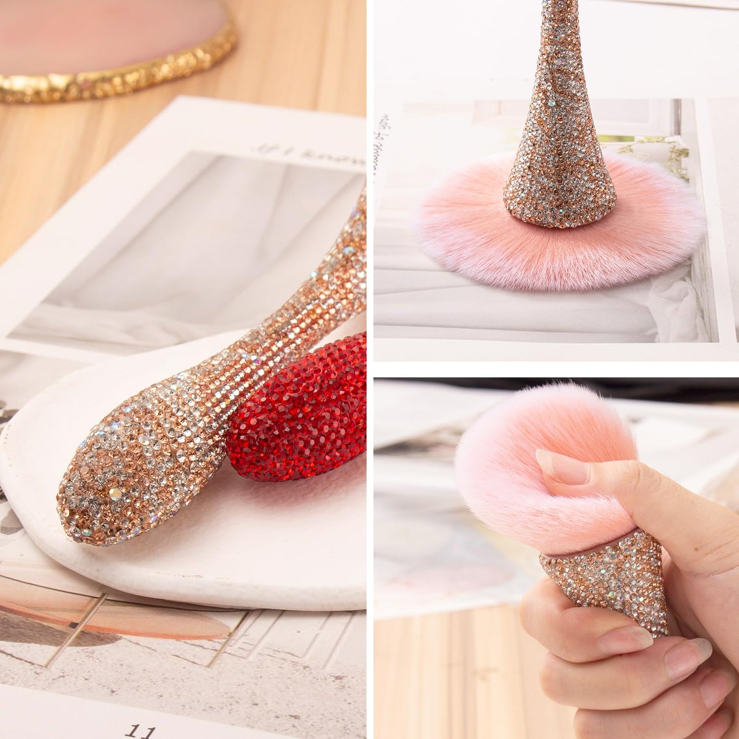 JERCLITY 1 Piece Shiny Rhinestones Powder Makeup Brushes Blush Brush Super Large Face Makeup Brushes Kabuki Brushes for Powder Cosmetic Nail Dust Brush Makeup Tool(Gold Diamond)