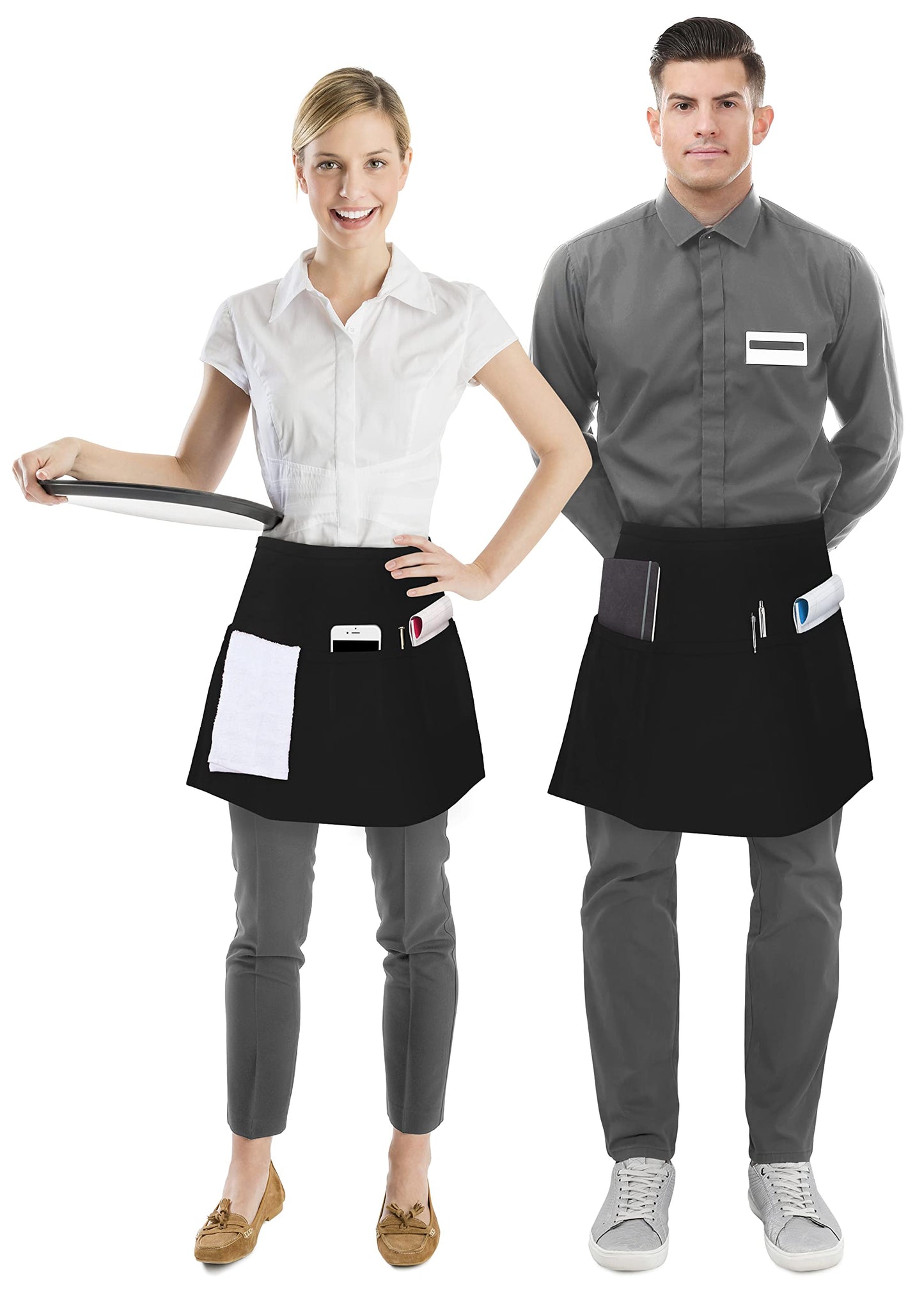 Utopia Wear 12 Pack Server Aprons with 3 Pockets, Waiter and Waitress Waist Aprons for Women with Pockets, Men Short Aprons (Black)