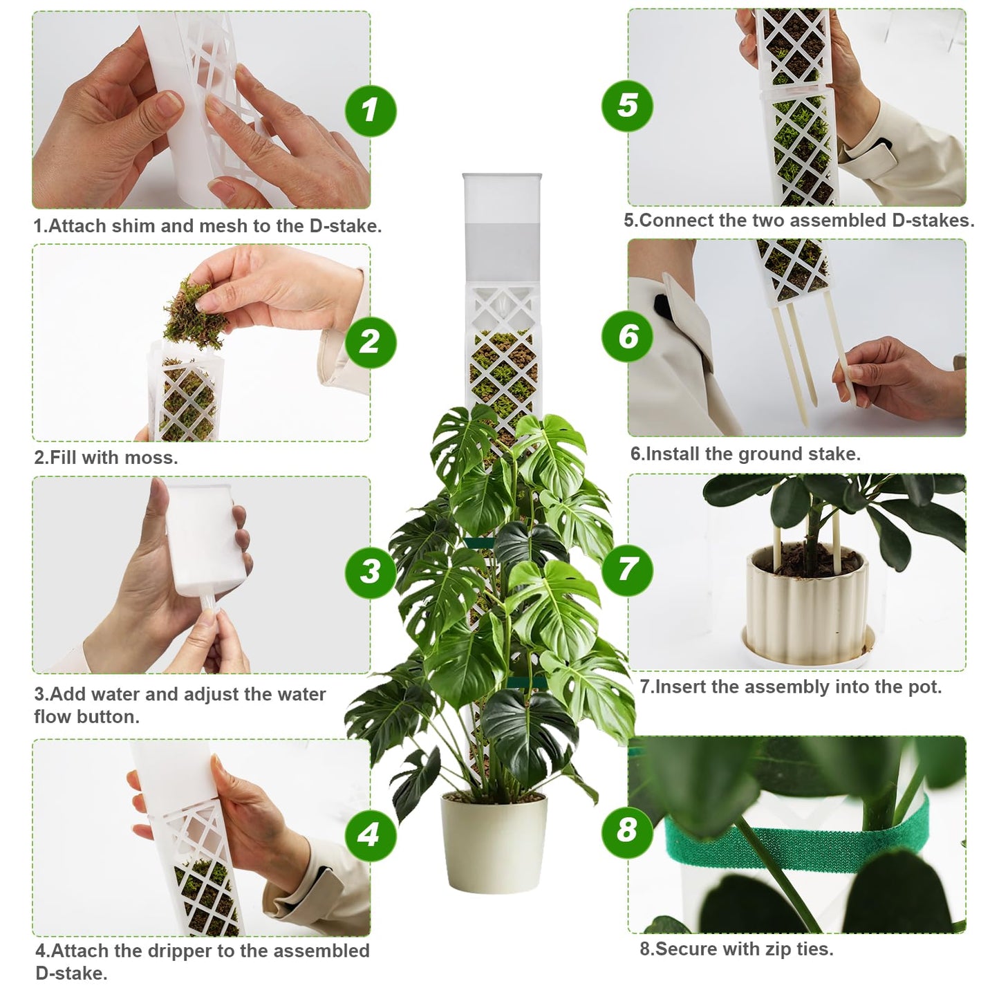 GJL Stackable D Shape Self Watering Moss Pole for Monstera,Plastic Sphagnum Moss Pole with Watering Dripper, Indoor Climbing Plant Support for Pothos & Philodendron