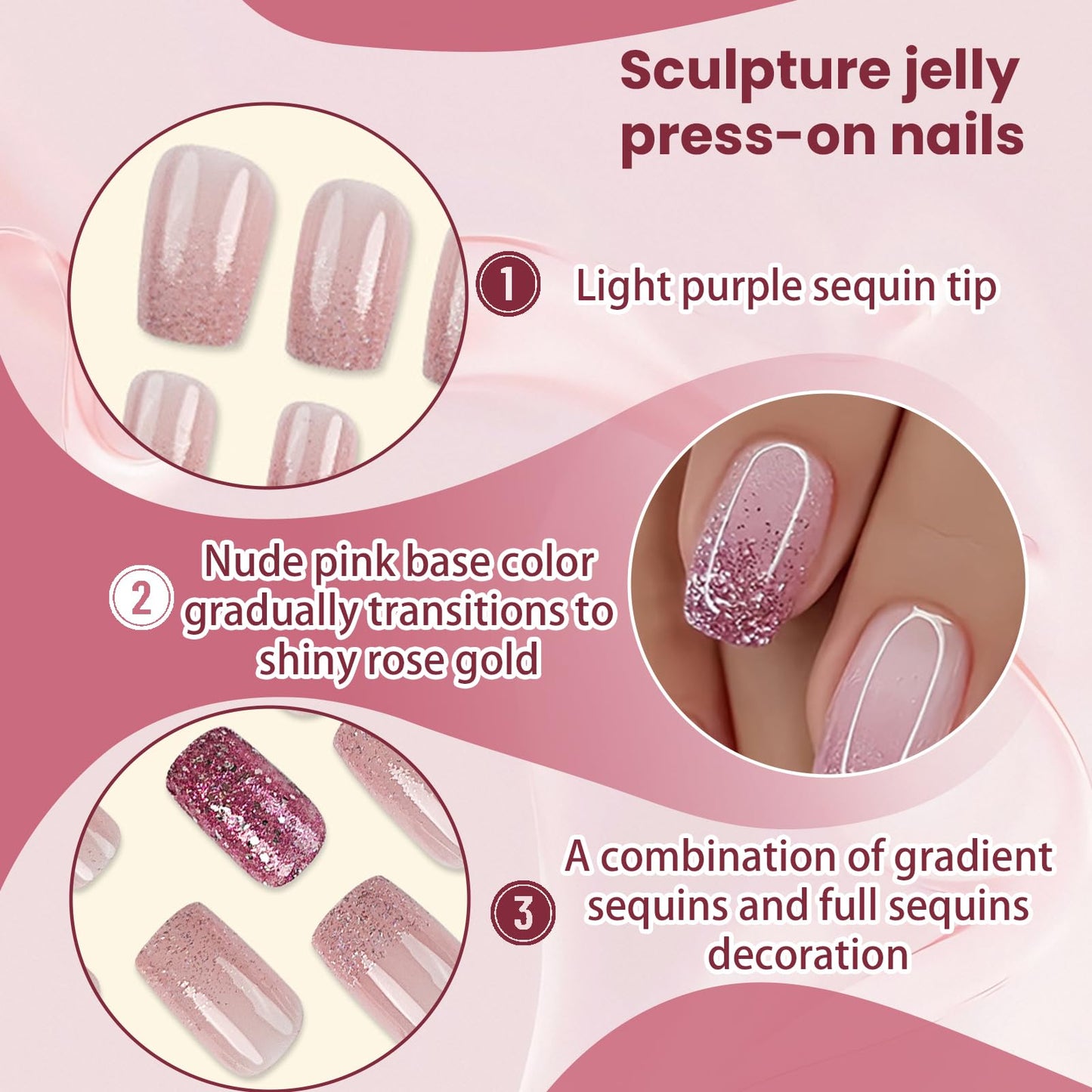 24Pcs Medium Square Press On Nails Gradient Pink Sparkle Fake Nails Acrylic Artificial False Nails Manicure Nail Art Supplies for Women Decoration