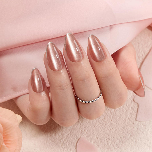 VSALON Press on Nails Short Almond - Pink Cat Eye Glitter Metallic Tip Fake Nails Kit for Woman, Reusable Spring Summer Opaque Gel Glossy Glue on Nails with Glue - 32 PCS Stick on Nails 16 Sizes