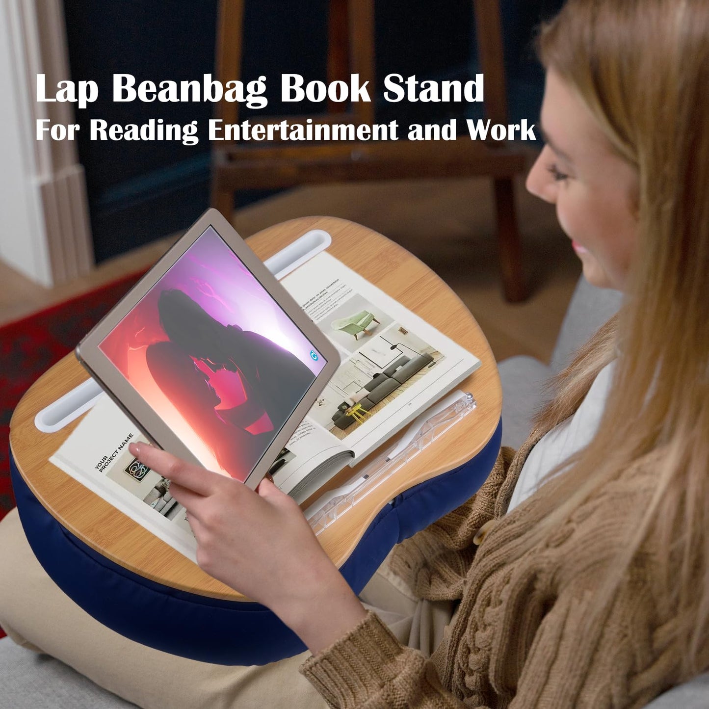 Lap Desk XL Beanbag Book Stand –Book Holder for Reading in Bed Hands Free Reading Pillow,Laptop Desk Tablet 400g Weight for Enhanced Stability – Gift for Book Lovers (Blue, Large)