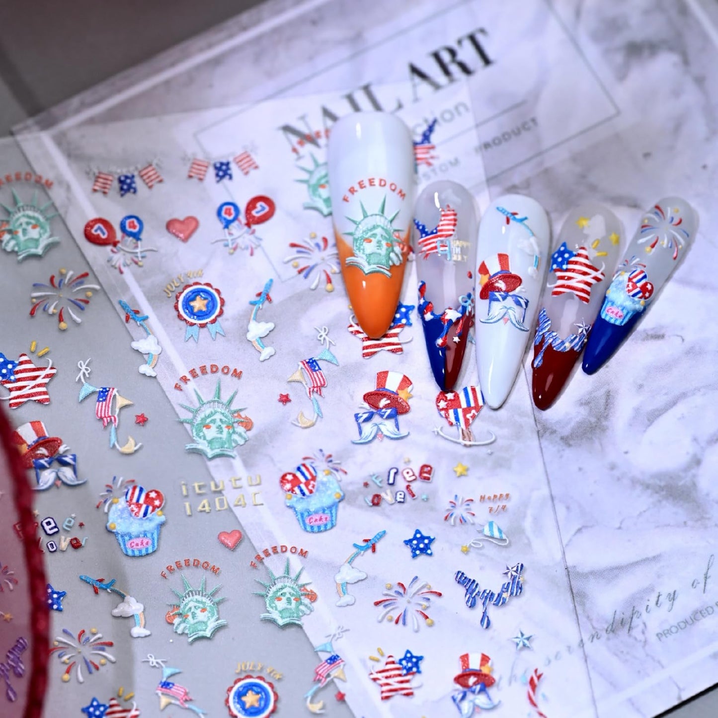 Independence Day Nail Stickers Firework Nail Art Stickers 5D Embossed Nail Decals Self Adhesive with Design Nails Charms Supply Decoration for Women
