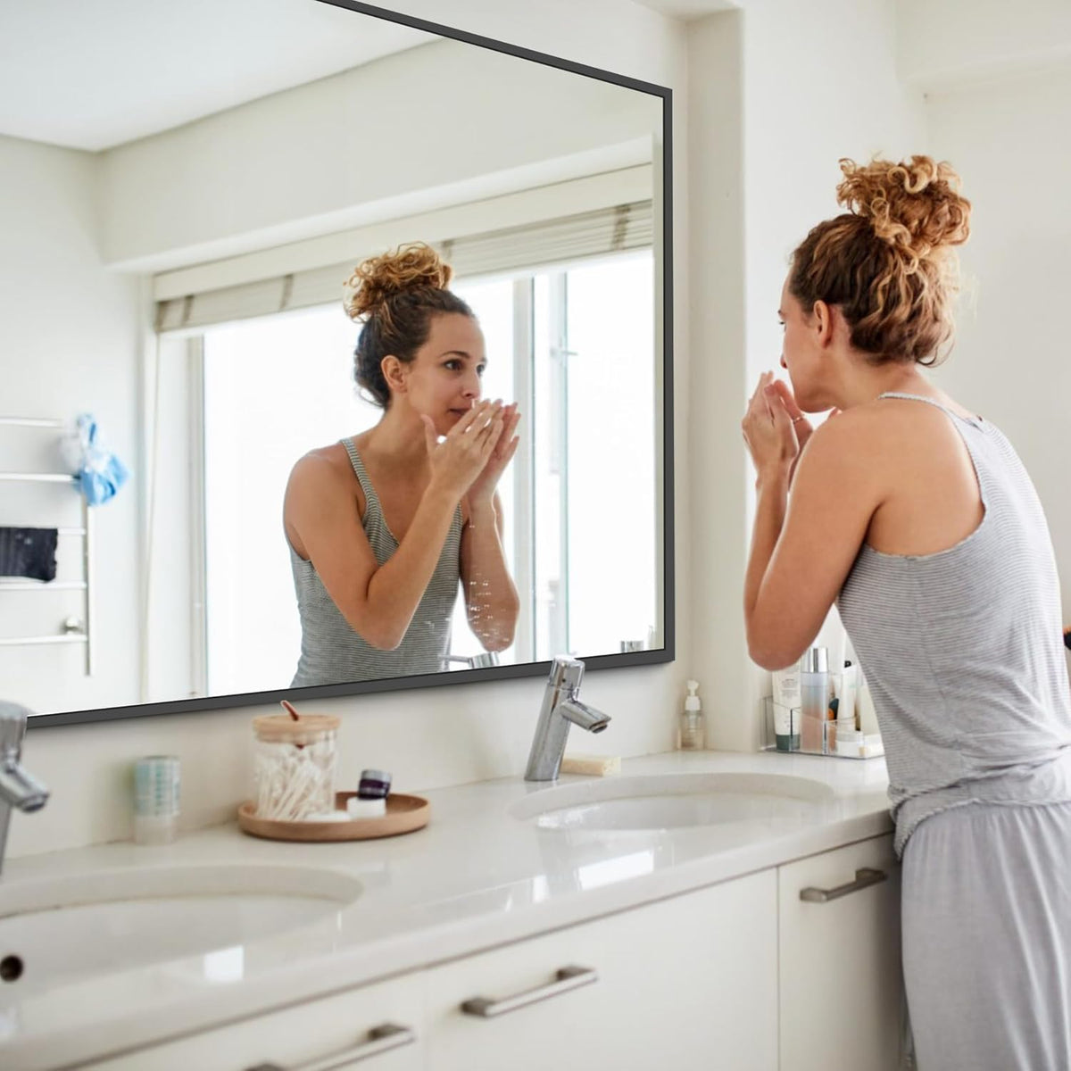 Black Bathroom Mirror, 48"X36" Rectangle Mirrors for Wall Metal Frame, Modern Vanity Wall Mirror for Bathroom Living Room, Entryway Hangs Horizontal or Vertical