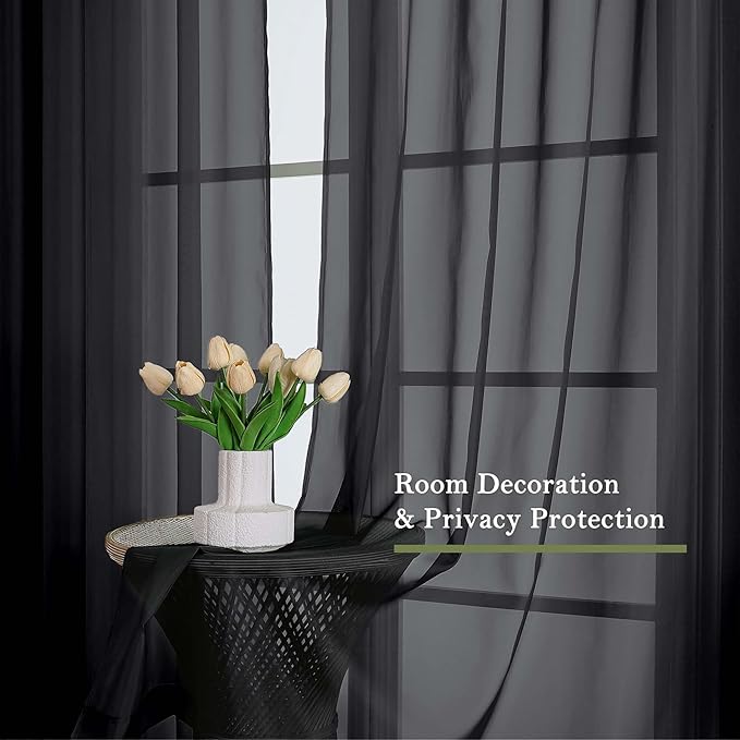 Lecloud Black Sheer Curtains 90 Inches Long 2 Panels, Light Filtering Privacy Voile Curtain Drapes, Airy Extra Wide Dual Rod Pocket Window Treatments for Living Room Bedroom, 59" W x 90" L
