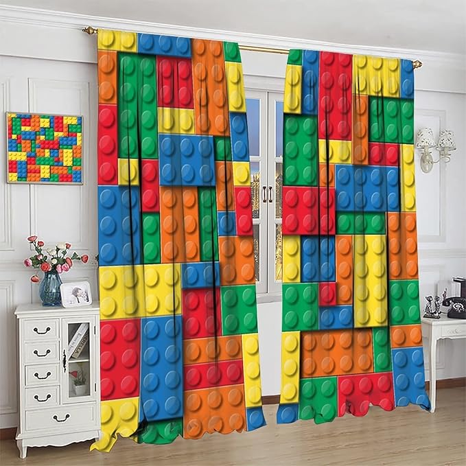 Building Block Toy Curtain Rod Pocket Children's Nursery Abstract Outline Colorful Toy Cartoon Theme Brick Geometric Print Curtain, Blackout Curtain for Boys and Girls Room 42x63in