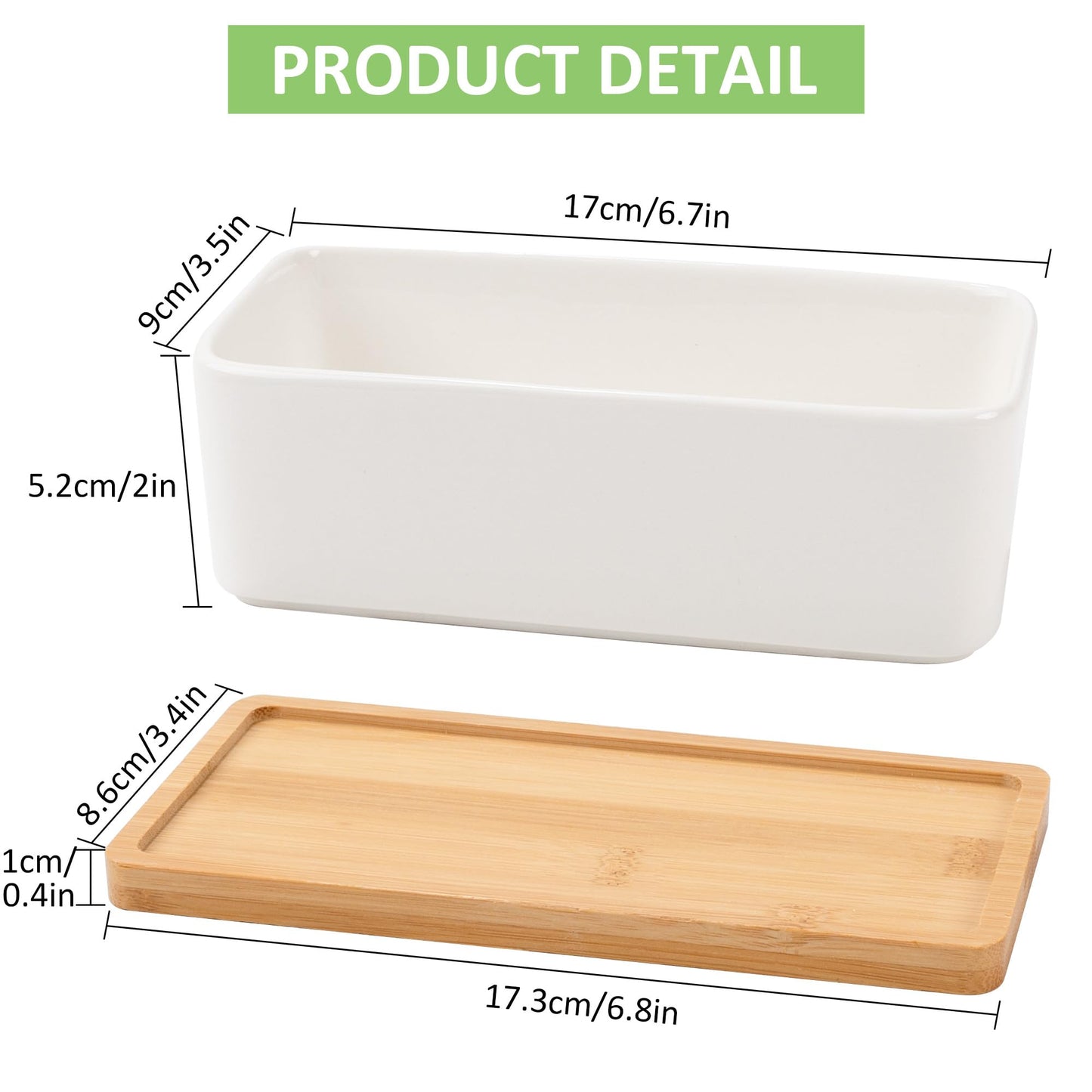 Leismy 2 PCS Succulent Pot Cactus Containers White Ceramic Planter with Drainage Hole and Removable Tray Small Plant Pots for Home Office Decor Bonsai Container for Indoor Outdoor Plants (Rectangle)