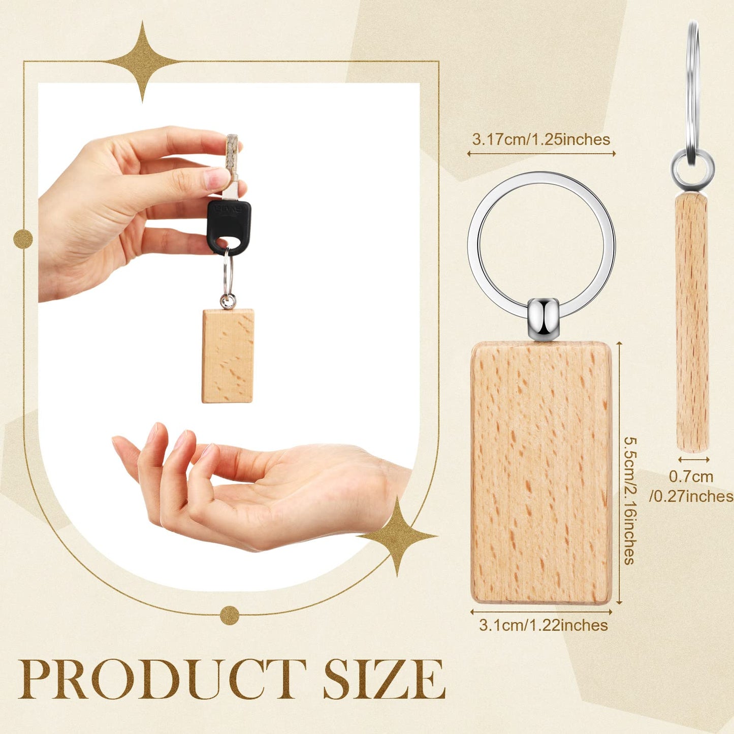 Bucherry 200 Pcs Wooden Keychain Blanks Wood Key Chains Bulk Laser Engraving Wooden Keychain Blanks Unfinished Rectangle Key Ring Tag for DIY Gift Crafts