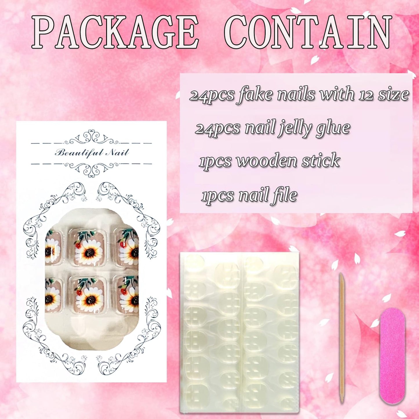 FIEONCIY 24pcs Press-on Square Acrylic False Nails Set with Glue, Chrysanthemum Pattern, Spring/Summer, Modern Style, Full Cover Nails, Multicolor, Glossy Finish