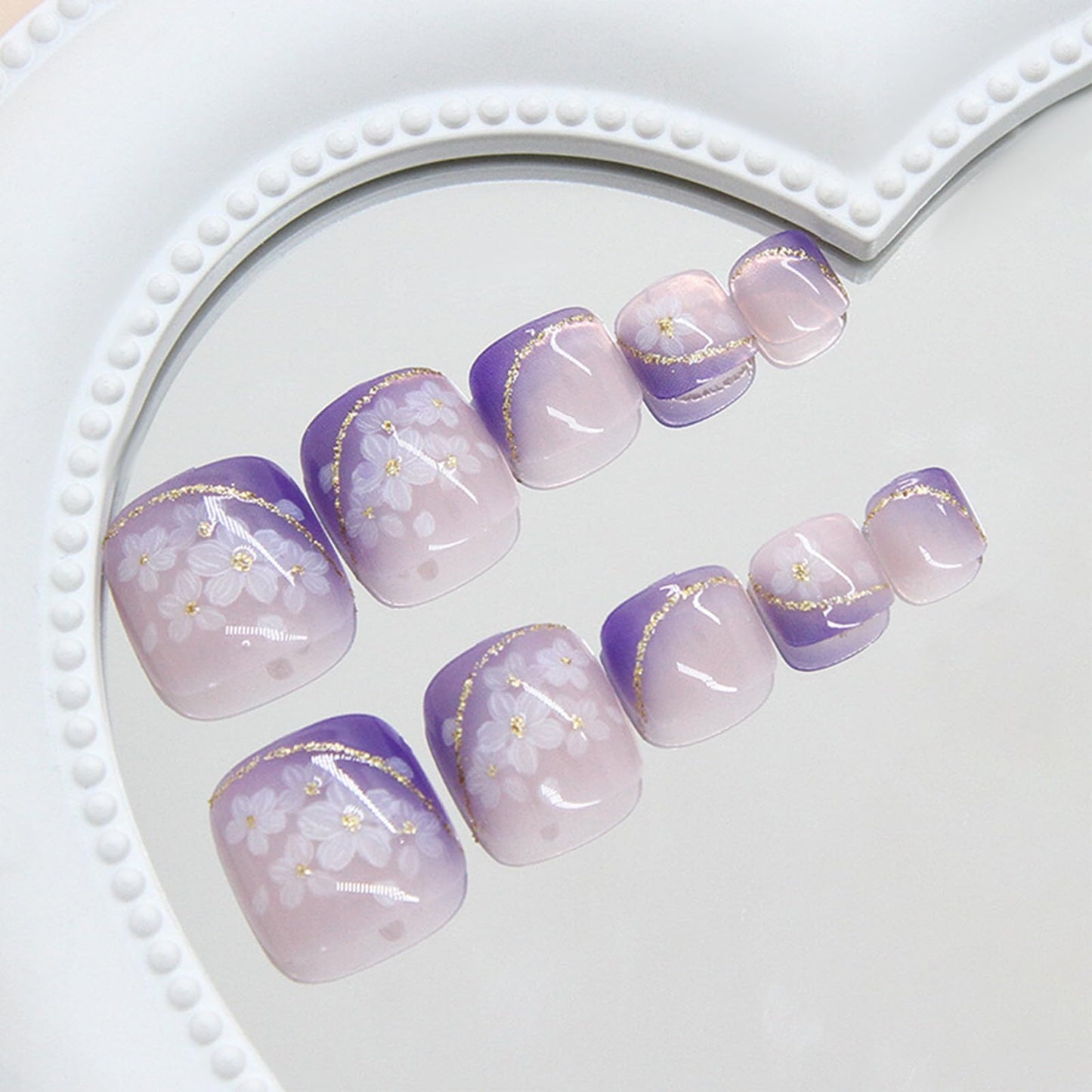 IMRAIN Flower Press on Toenails Short Square Fake Toe Nails Purple Gradient Glossy Acrylic False Toenails Glossy Full Cover Summer Artificial Stick on Nails for Women 24Pcs