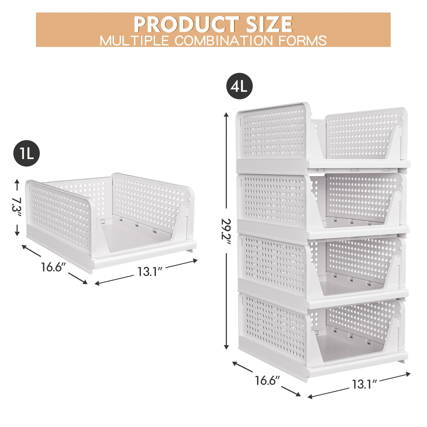 4 Pack Stackable Closet Storage Basket - Stackable Storage Bins, Multifunctional & Foldable Closet Organizer Divided, Wardrobe Cupboard Space-Saving Clothes Storage Hat Organizer, White