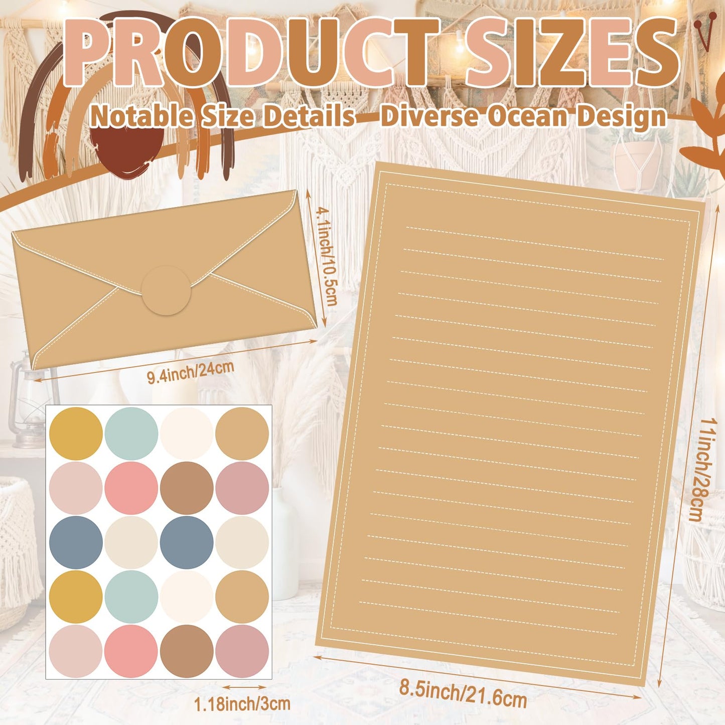 TaoBary 160 Packs Stationery Paper Set (50 Double Sided Stationery Writing Papers 50 Matching Envelopes) 60 Round Dot Sticker, 10 Design(11 x 8.5 Inch,Boho Color)