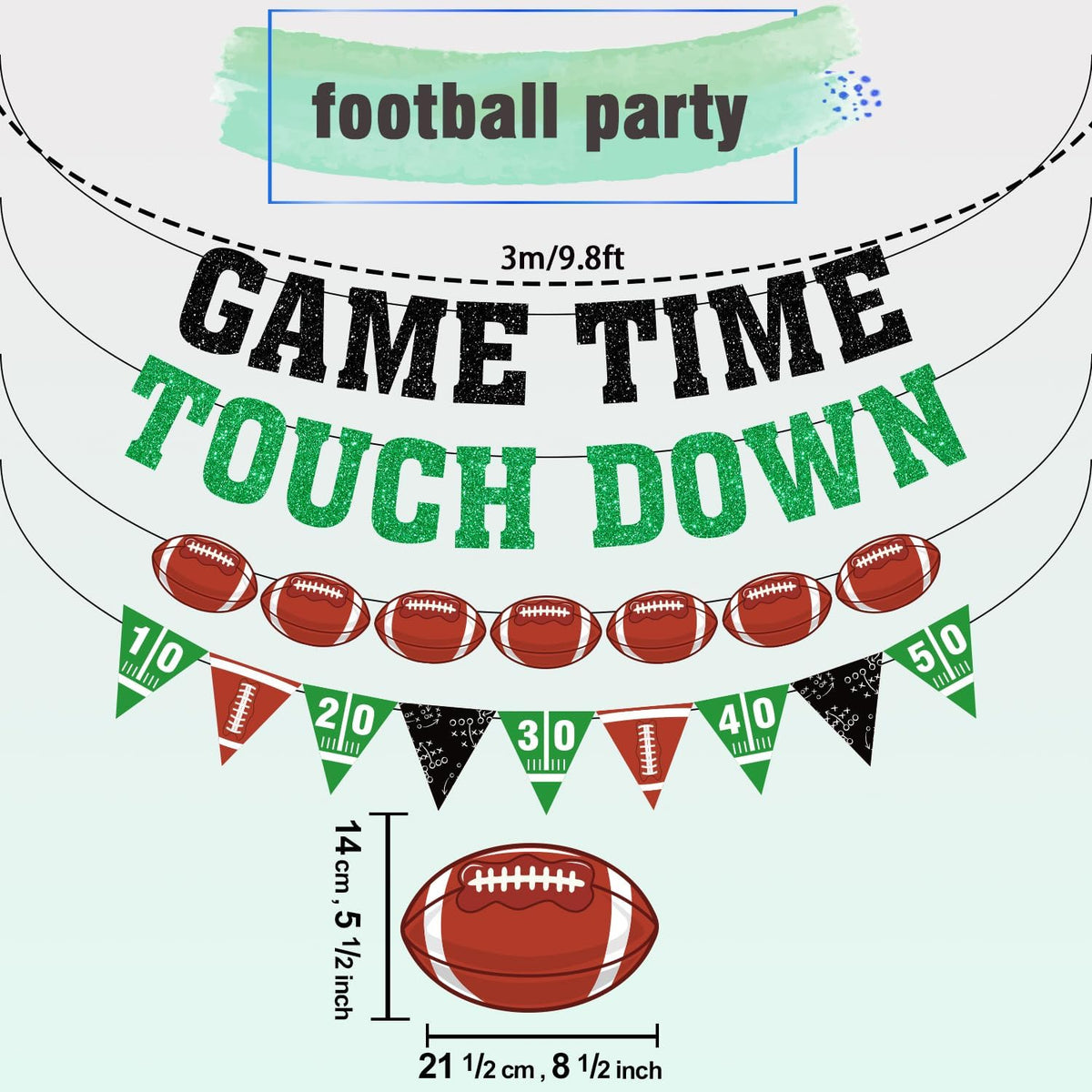 Game Time Touch Down Football Banner - Pre-Strung 9.8ft Strands Football Party Decorations for Birthday Parties