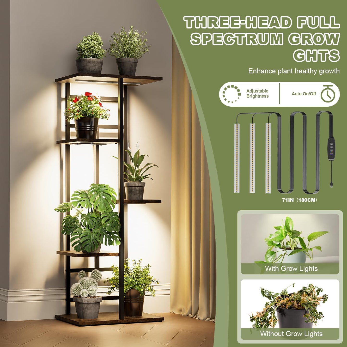 Forotone Plant Stand Indoor with Grow Lights, 5-Tiered Tall Plant Shelf Indoor Corner Plant Shelves Plant Rack Display Flower Holder for Living Room, Patio, Balcony