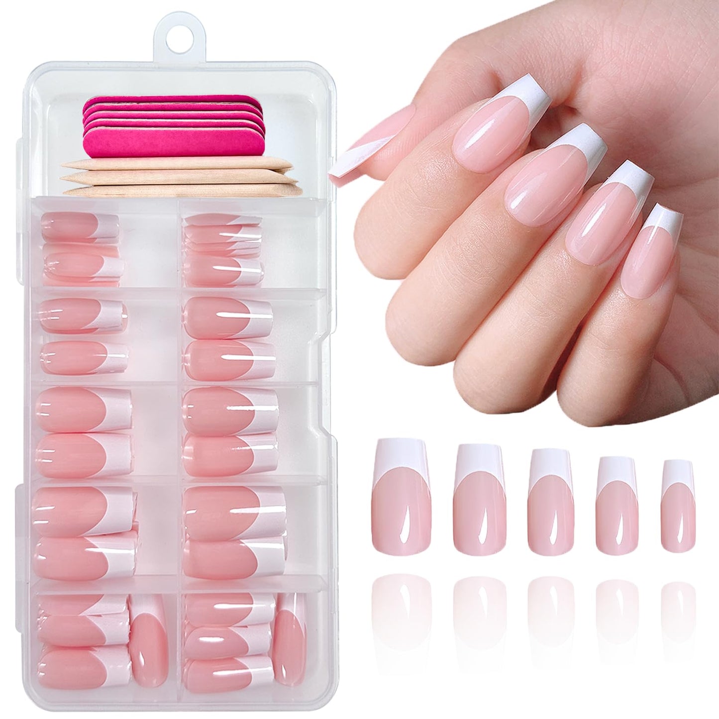 120Pcs French Tip Press on Nails Medium Coffin Fake Nails White Tips False Nails Suqare Acrylic Nails Press ons Full Cover Artificial Glue on Nail Stick on Nail for Women Manicure