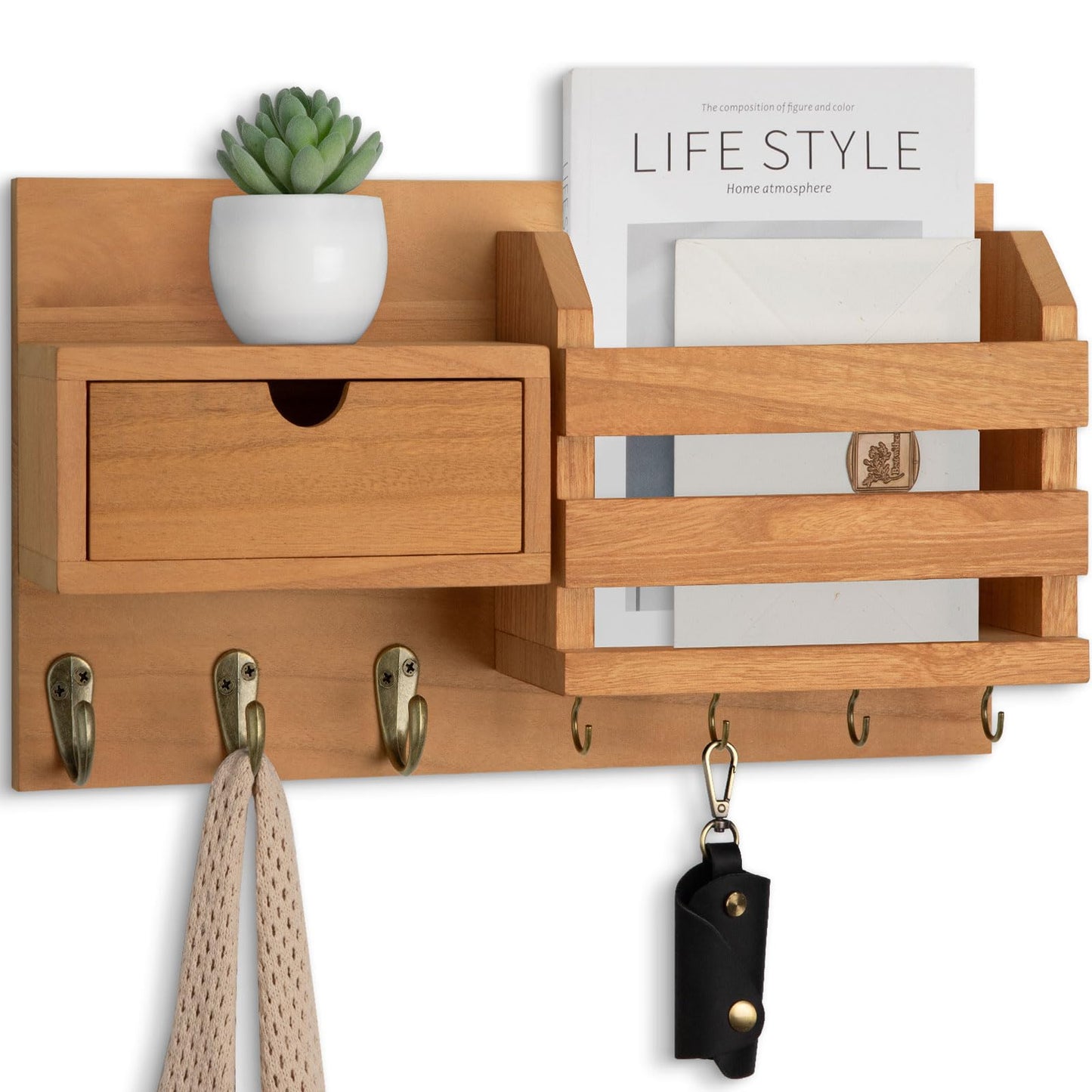 Lwenki Wall Mount Key Holder with Mail Organizer, 100% Paulownia Wood, 7 Metal Hooks, Storage Drawer, Entryway Home Decor
