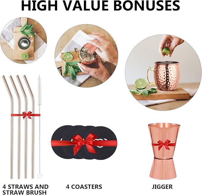 Moscow Mule Copper Mugs Set of 4, Copper Cups with Straws, Jigger, Coasters, Straw Brush for Party, Bar, Stainless Steel Lining, 19.5oz Gifts Set