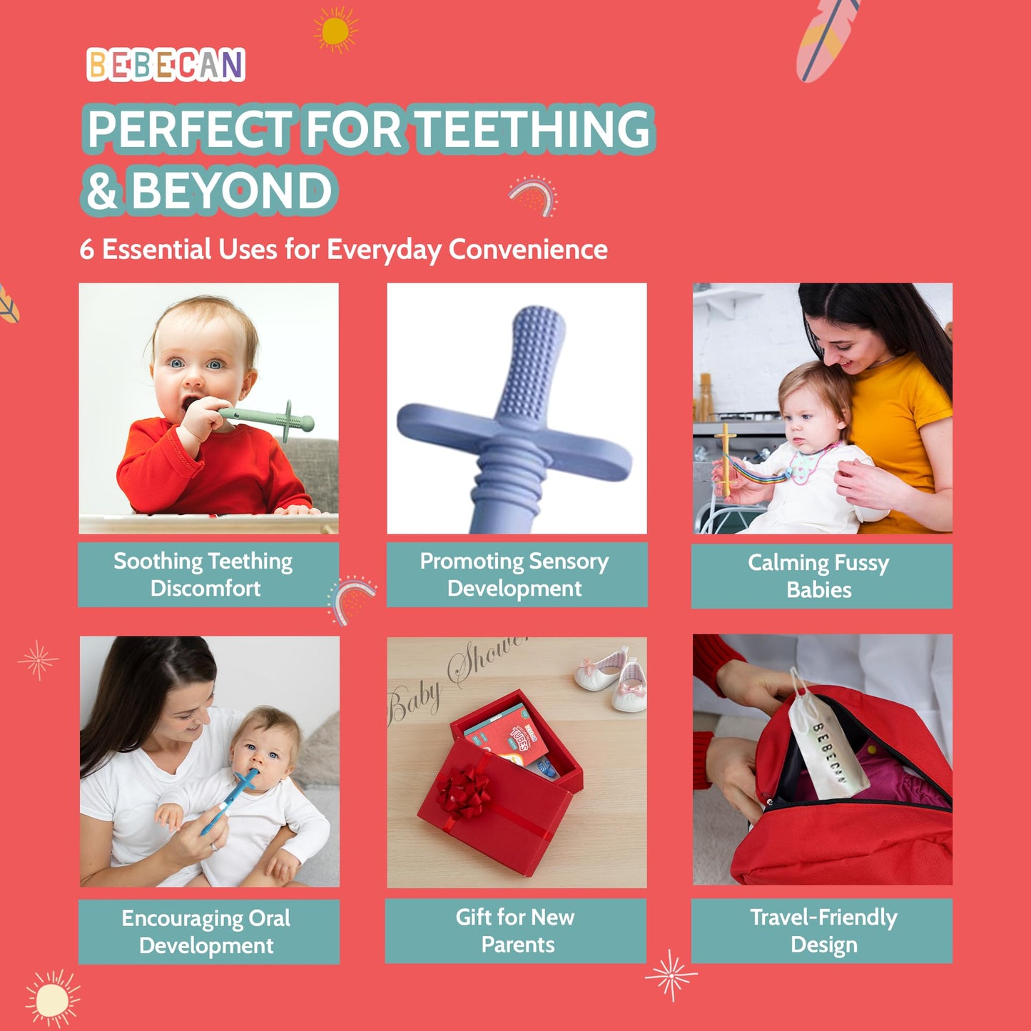 Bebecan Shielded Teething Tubes – Baby Teething Relief 0-36 Months, Anti-Choking Design, Clip-Attachable, BPA-Free Silicone, 5 Soft Tubes + 2 Teether Clips + 2 Brushes + Storage Bag
