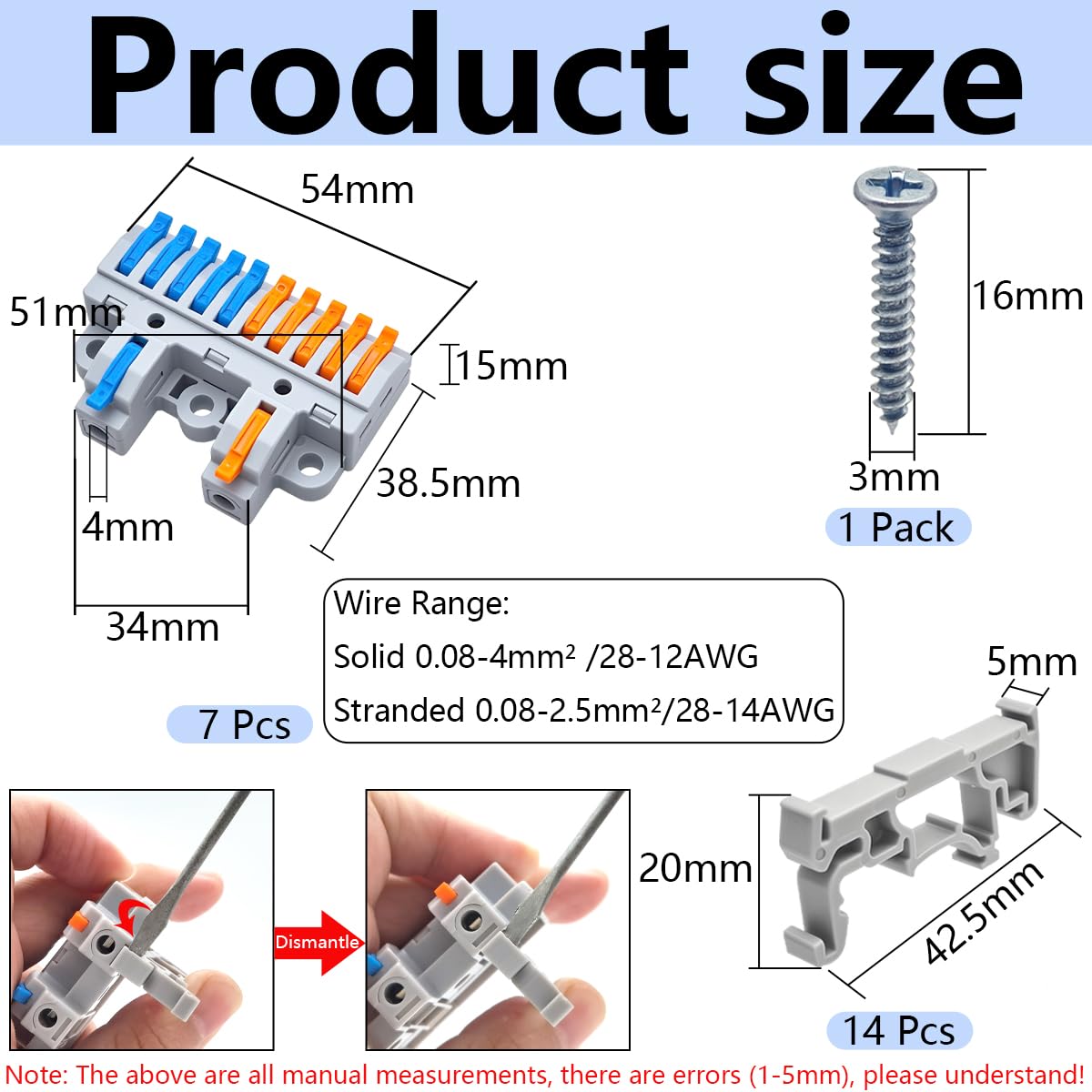 CESFONJER 2-in-10-out Terminal Block Kit (7 Pack), Lever Wire Connectors for Extensive Splicing, Dual Input to Ten Output, DIN Rail & Screw Mount, 28-12AWG, Hardware Included