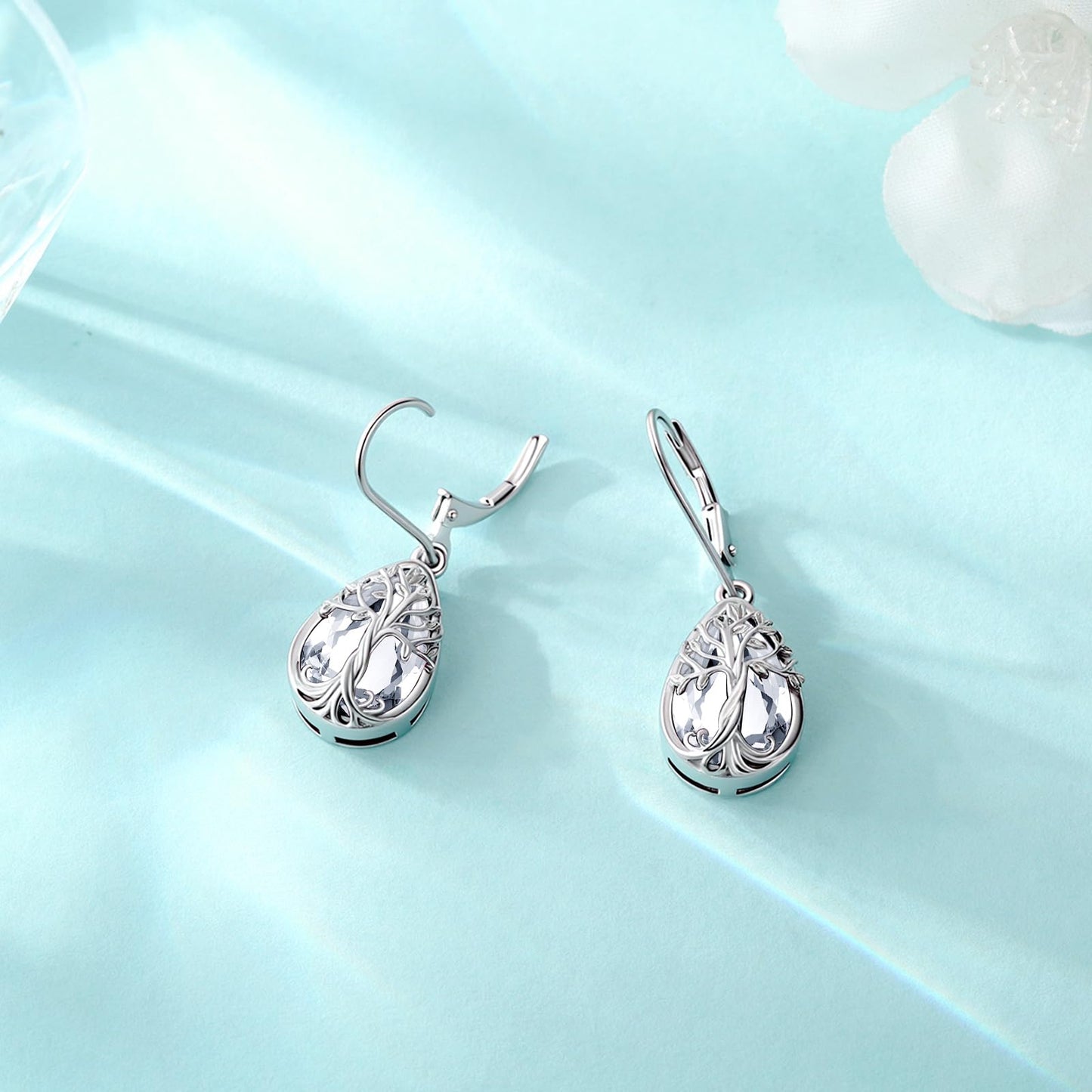 Eusense Tree of Life Dangle Earrings Teardrop Drop Sterling Silver Earrings CZ Clear White Birthstone Leverback Tree of Life Jewelry Gift for Women