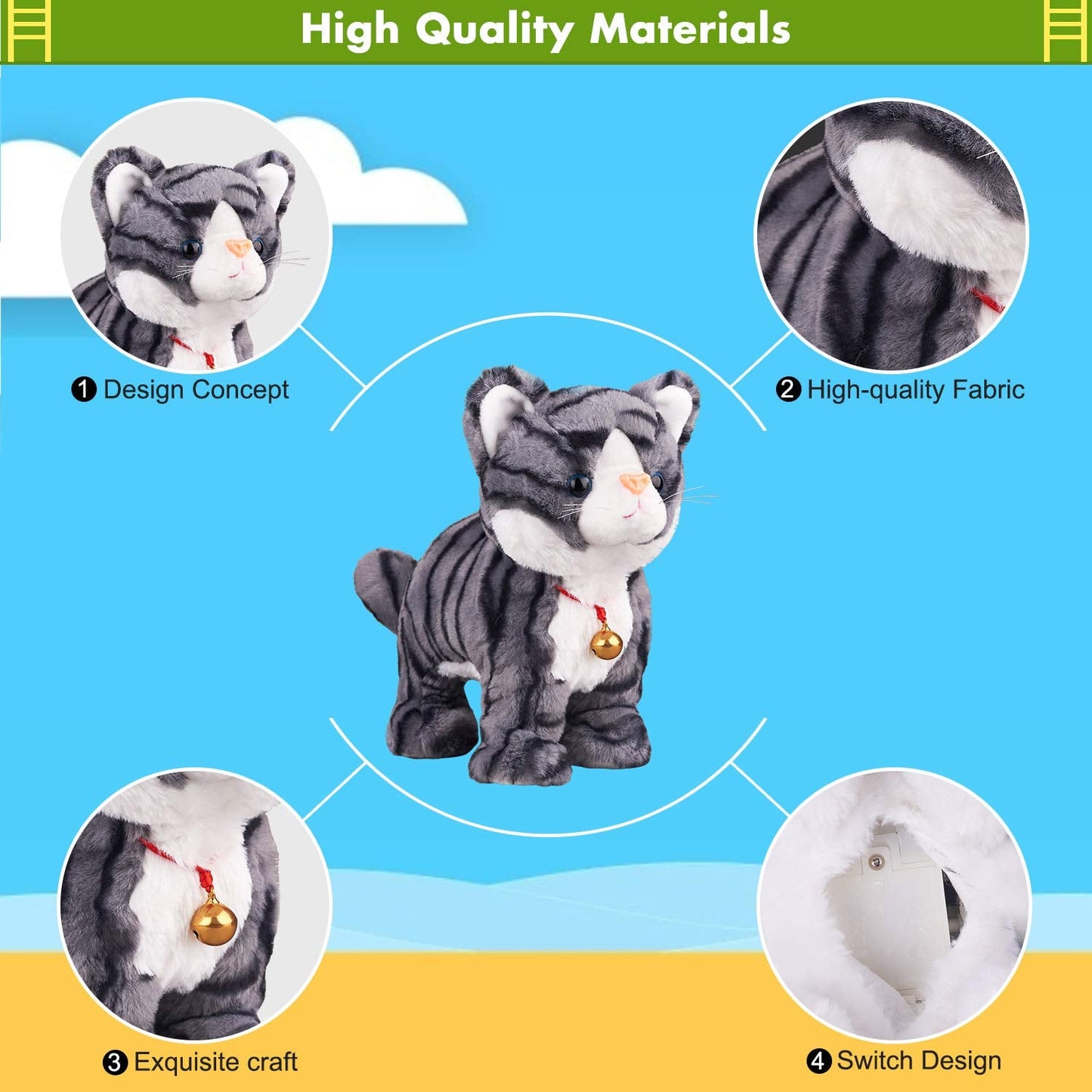 Pattern Gray Robot Cat Plush Cat Stuffed Animal Interactive Cat, Meow Kitten Touch Control, Electronic Cat Pet, Robotic Cat Cat Kitty Toy, Animated Toy Cats for Girls Baby Kids L:12"