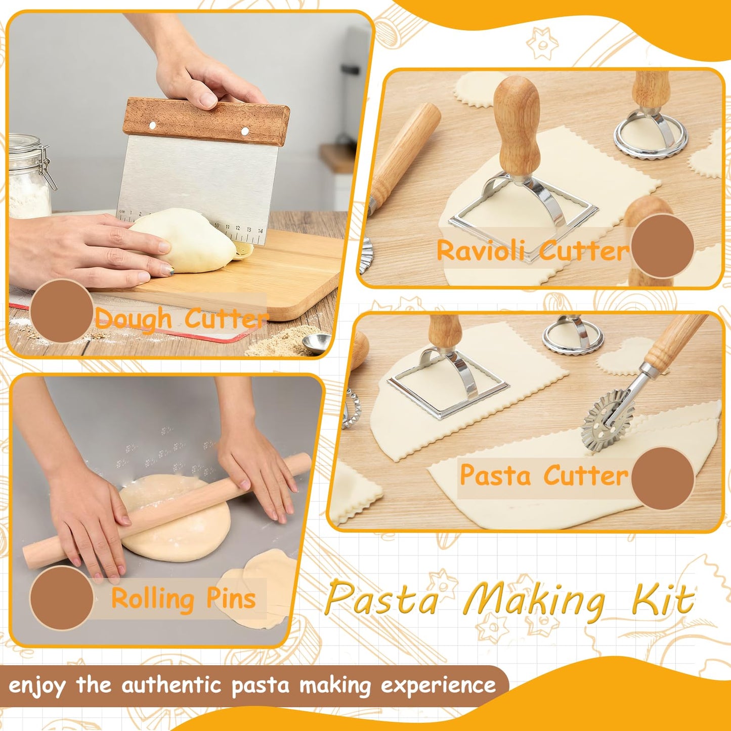 10pcs Pasta Making Tools, Wood Pasta Making Kit with Pasta Drying Rack,Rolling Pins,Gnocchi Board,Dough Cutter,Ravioli Cutter,Pasta Stamps,Making Dumplings .Pasta Making Accessories for Home
