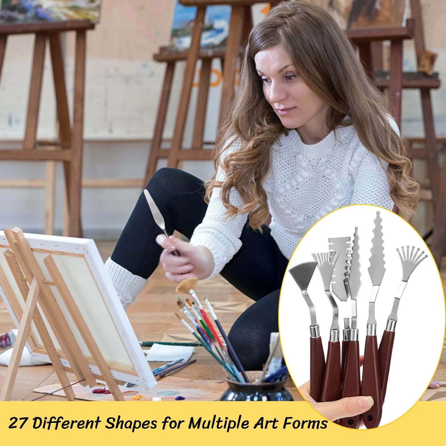 Lasnten 27 Pcs Palette Knife Set Stainless Steel Wood Handle Acrylic Paint Spatula Tools for Canvas Oil Color Mixing and Texturing