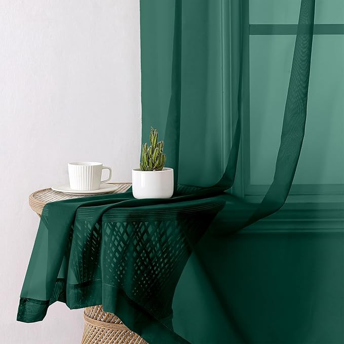 Lecloud Hunter Green Sheer Curtains 96 Inches Long 2 Panels, Airy Voile Solid Curtains, Gauzy Stylish Aesthetic Windows Decor Drapes with Rod Pocket for Bedroom Living Room, Each 42" W x 96" L
