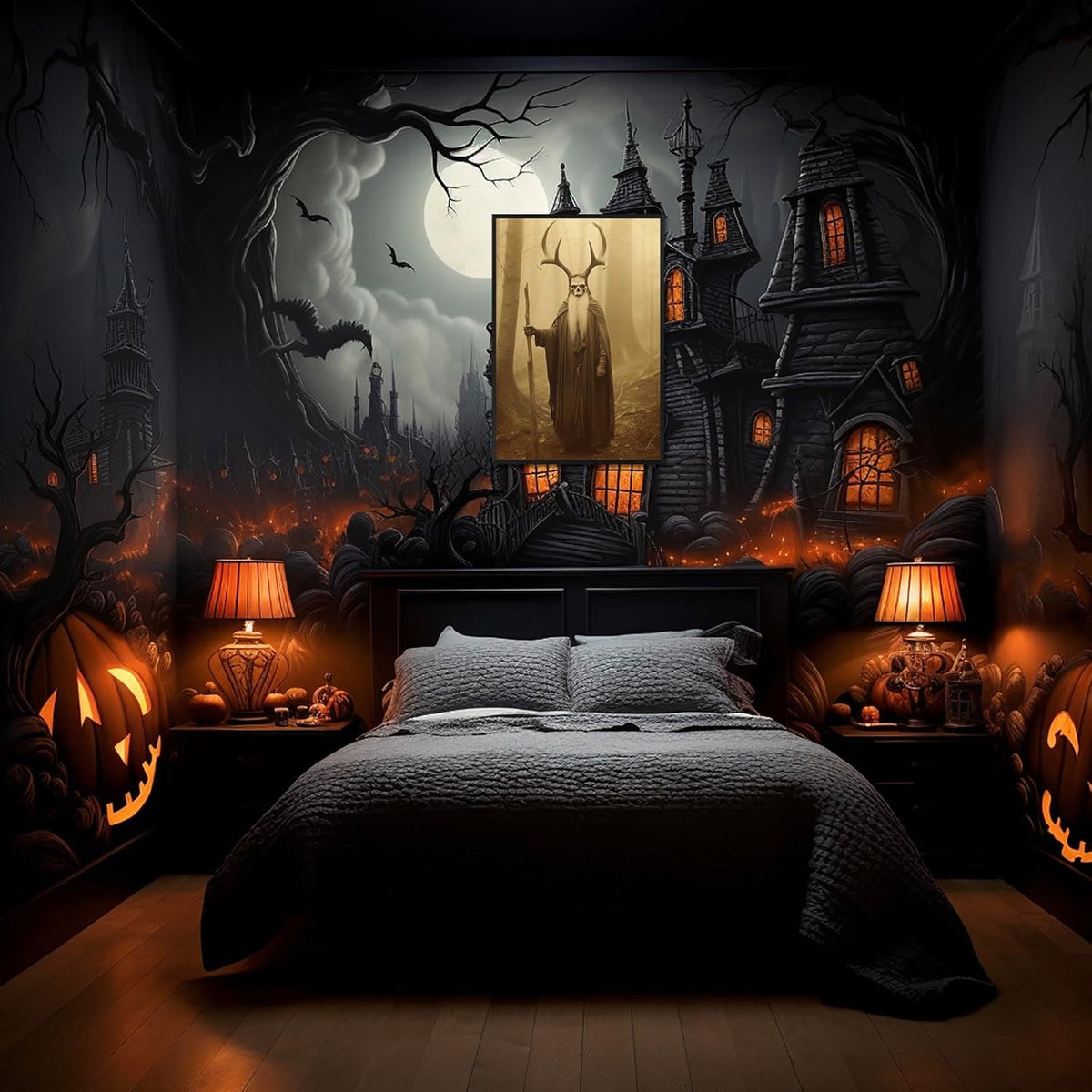 Skeleton Halloween Decor Occult Druid of the Forest Poster Canvas Wall Art Vintage Spooky Print Gothic Room Decor Dark Academia Decorations Bedroom Creepy Skull Picture 12X16inch Aluminum Framed