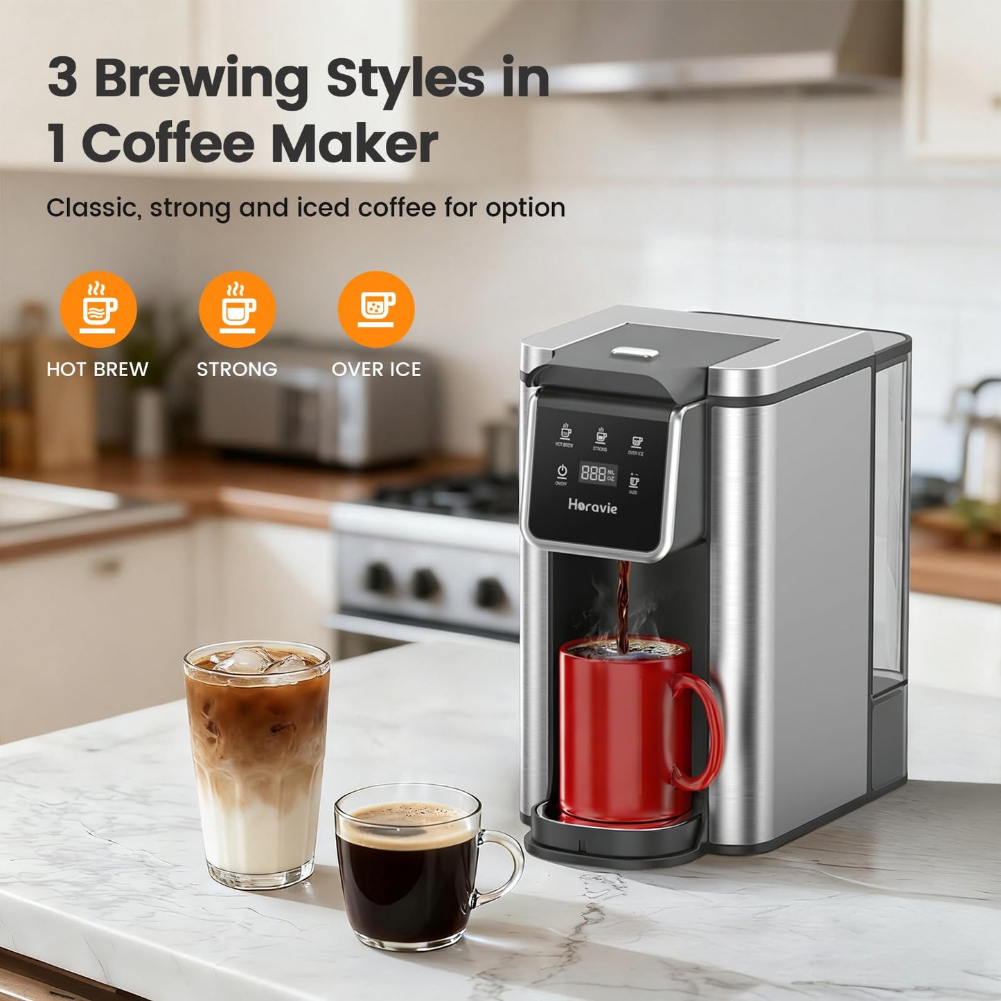 Single Serve Coffee Maker for K-Cup Pod and Grounds, Hot and Iced Coffee Maker, Stainless Steel Coffee Maker, Strong Button Feature, 6 to 14oz Brew Sizes, 50oz Removable Tank, Up to 6.5 Inch Cup, Grey