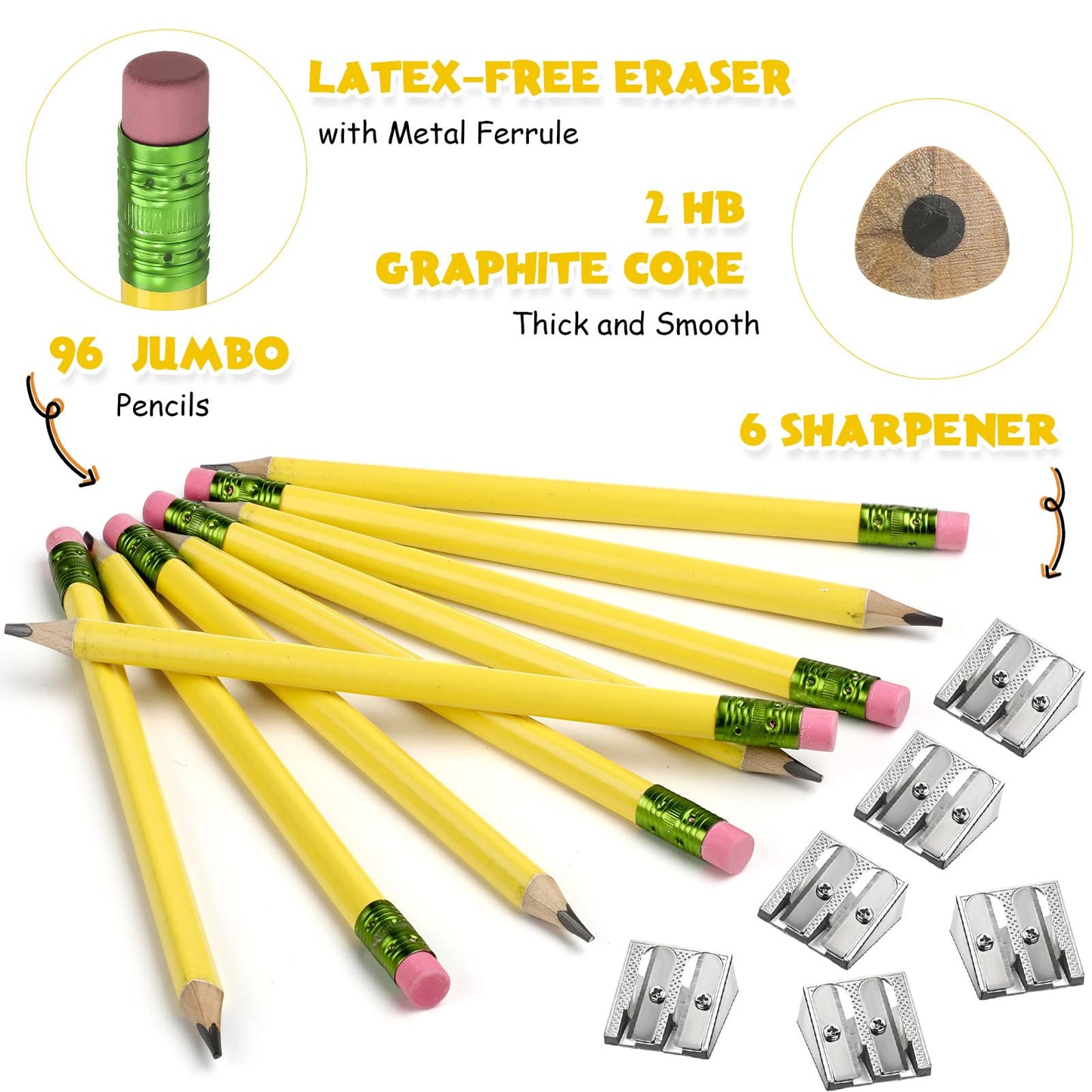 Fainne 102 Pieces Jumbo Pencils Set for Kids Toddlers 96 Thick Fat Large Pencils with Erasers 6 Sharpeners Bulk for Preschool Kindergarten Elementary School Classroom(Yellow,Triangle)