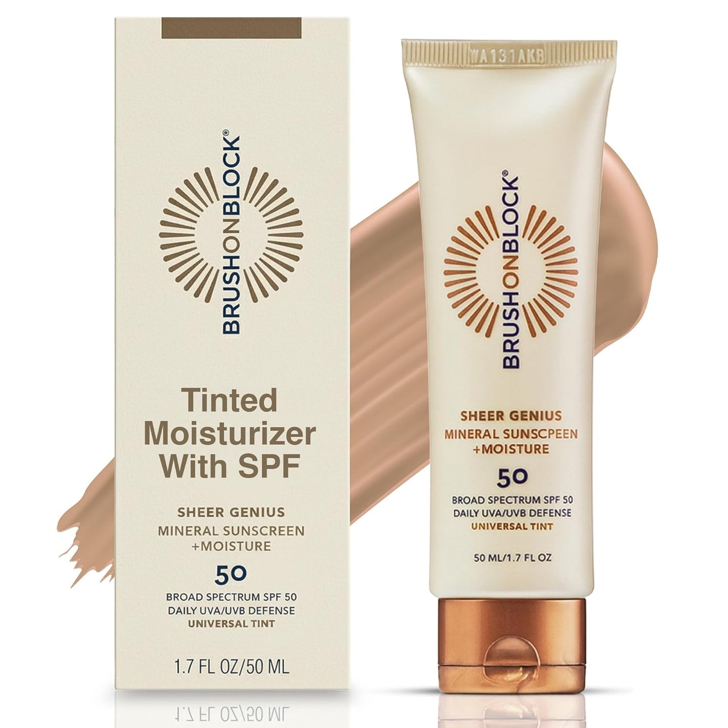Brush On Block Tinted Mineral Sunscreen Moisturizer SPF 50 | Tinted Face Moisturizer with Sunscreen Broad Spectrum | Hydrating Hyaluronic Acid, Zinc Oxide Protection, 1.7oz, PA ++++, Made in USA