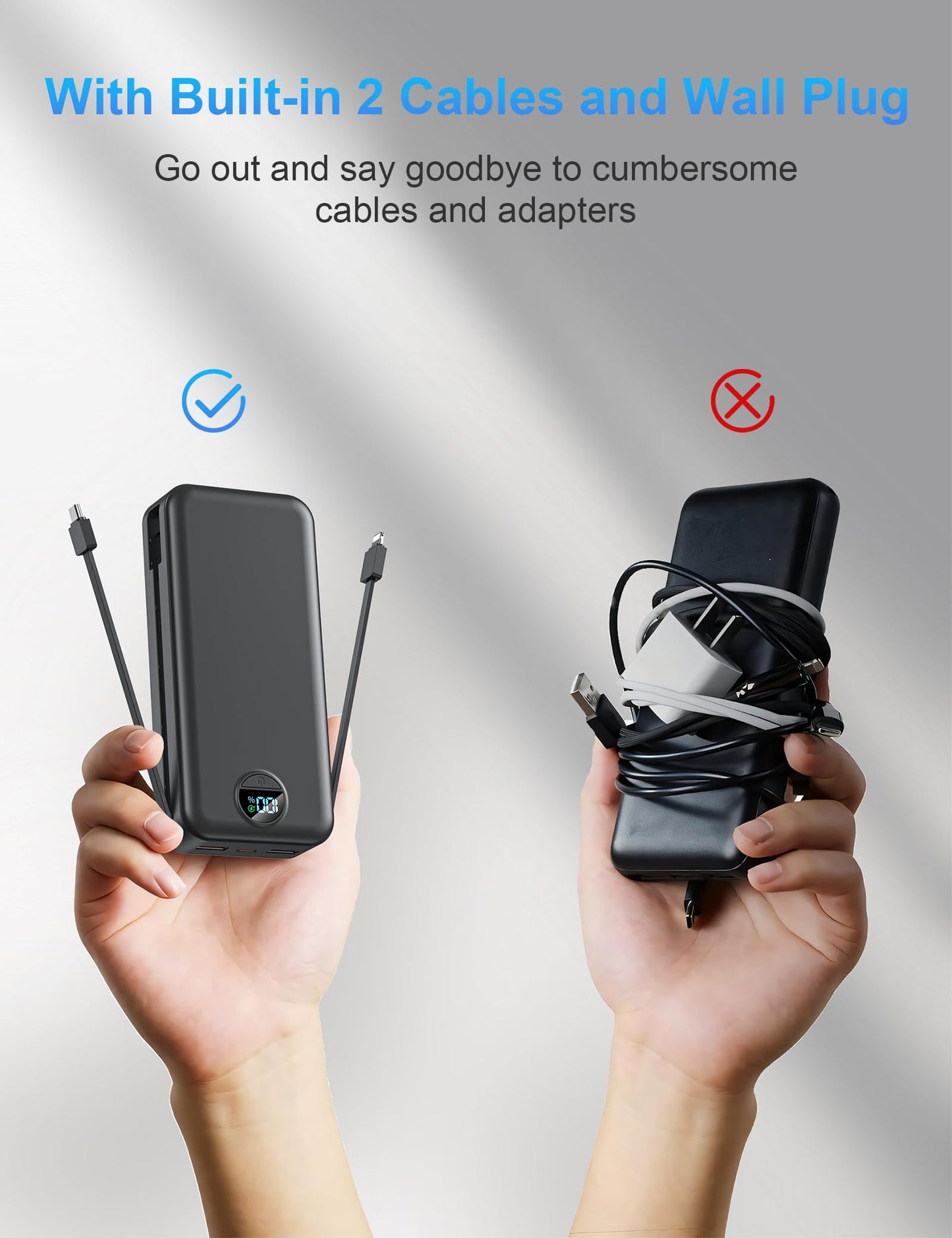 Ffnpua Portable Charger with Wall Plug, 20000mAh USB C Fast Charging Power Bank, External Battery Pack with Built in Cables, Digital Display, 5 Output 2 Input for iPhone Android Cell Phone Tablet
