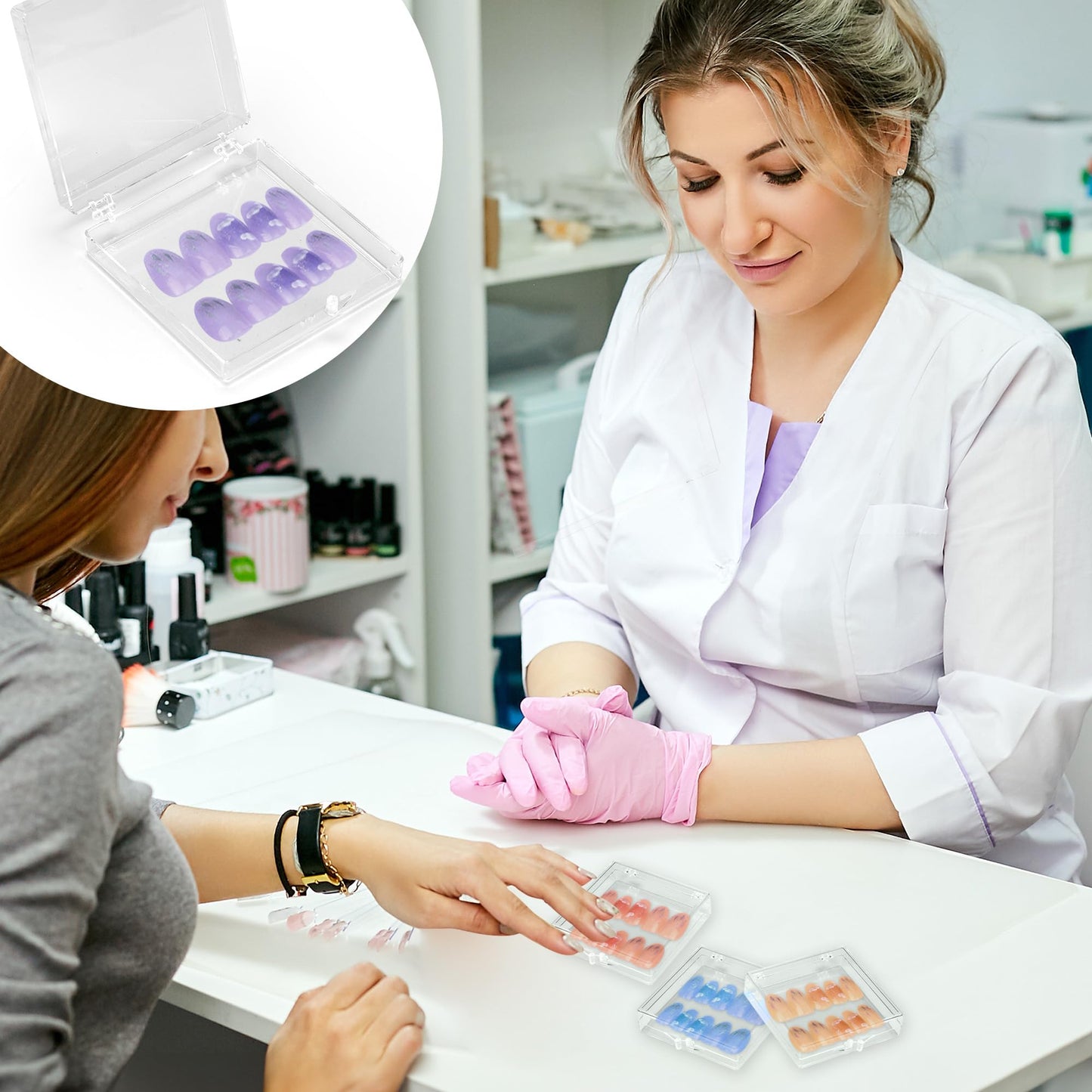 Axigundaone 36 Pcs Press on Nail Storage Box, 2.8 x 2.8 Inch Clear Nail Case with 120 Pcs Adhesive Double Sided Tapes, Press on Nail Packaging Box for False Nail
