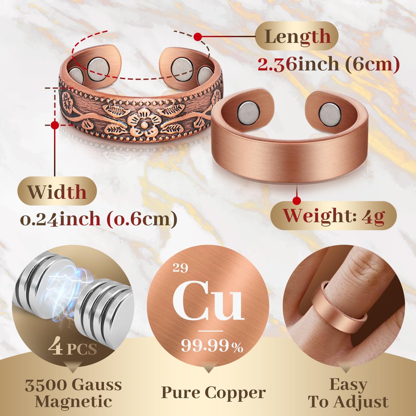 Auramag Copper Rings for Women, Thumb Rings 99.99% Pure Copper Magnetic Rings with 3500 Gauss Magnets, Copper Jewelry Gift Adjustable (2 PCS)