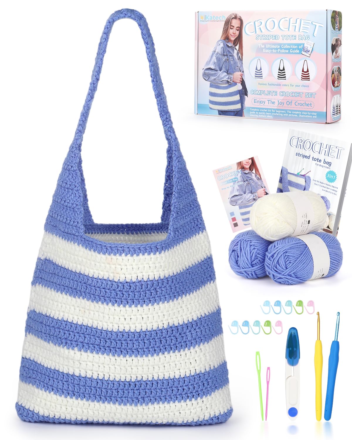Katech Crochet Kit for Beginners, Striped Tote Bag Crochets Set Includes Yarn Crochet Hooks, Complete Crochets Step-by-Step Guide Needles Accessories Adults Crocheted Starter Kit Crocheter Gift