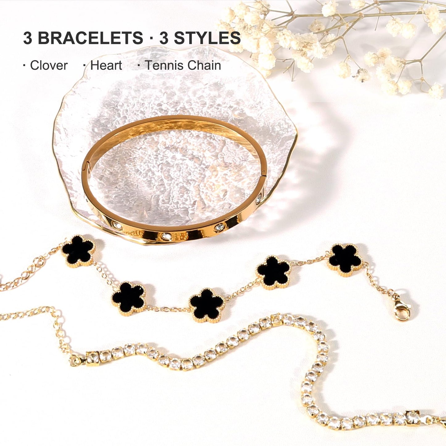 YOUNGGRACE 18K Gold Plated Bracelet Sets for Women - 3PCS Stackable Bracelets Including Bangle, Tennis Chain & Four Leaf Clover Bracelet, Elegant Gold Jewelry Set for Everyday Wear, Gift for Her