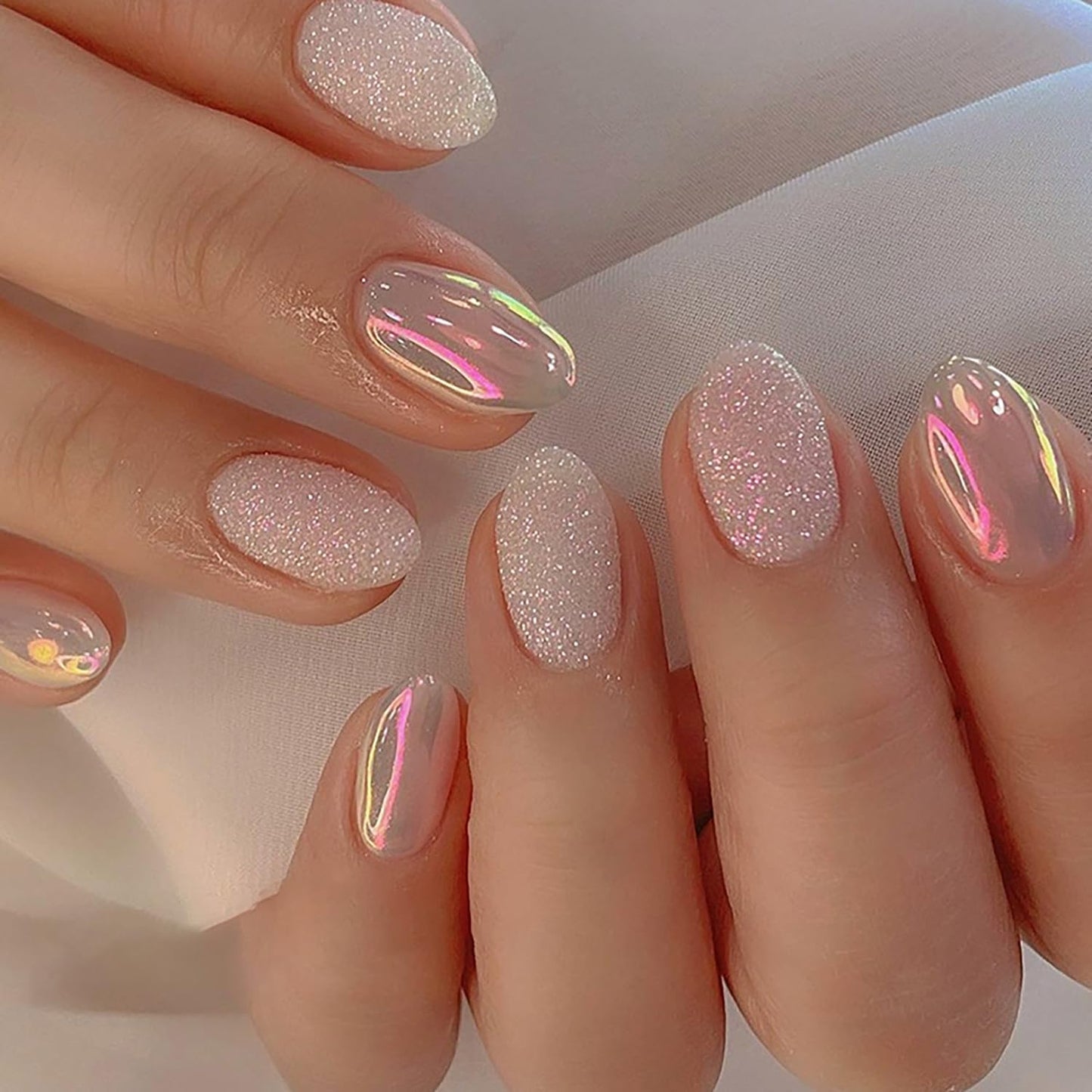 Press on Nails Oval Short, Artificial Fake Nails with Nude Powder Design, Full Cover Reusable Coffin Shaped Glossy False Nails, Simple Sweet Acrylic Nails, Glue on Nails for Women Set 24Pcs