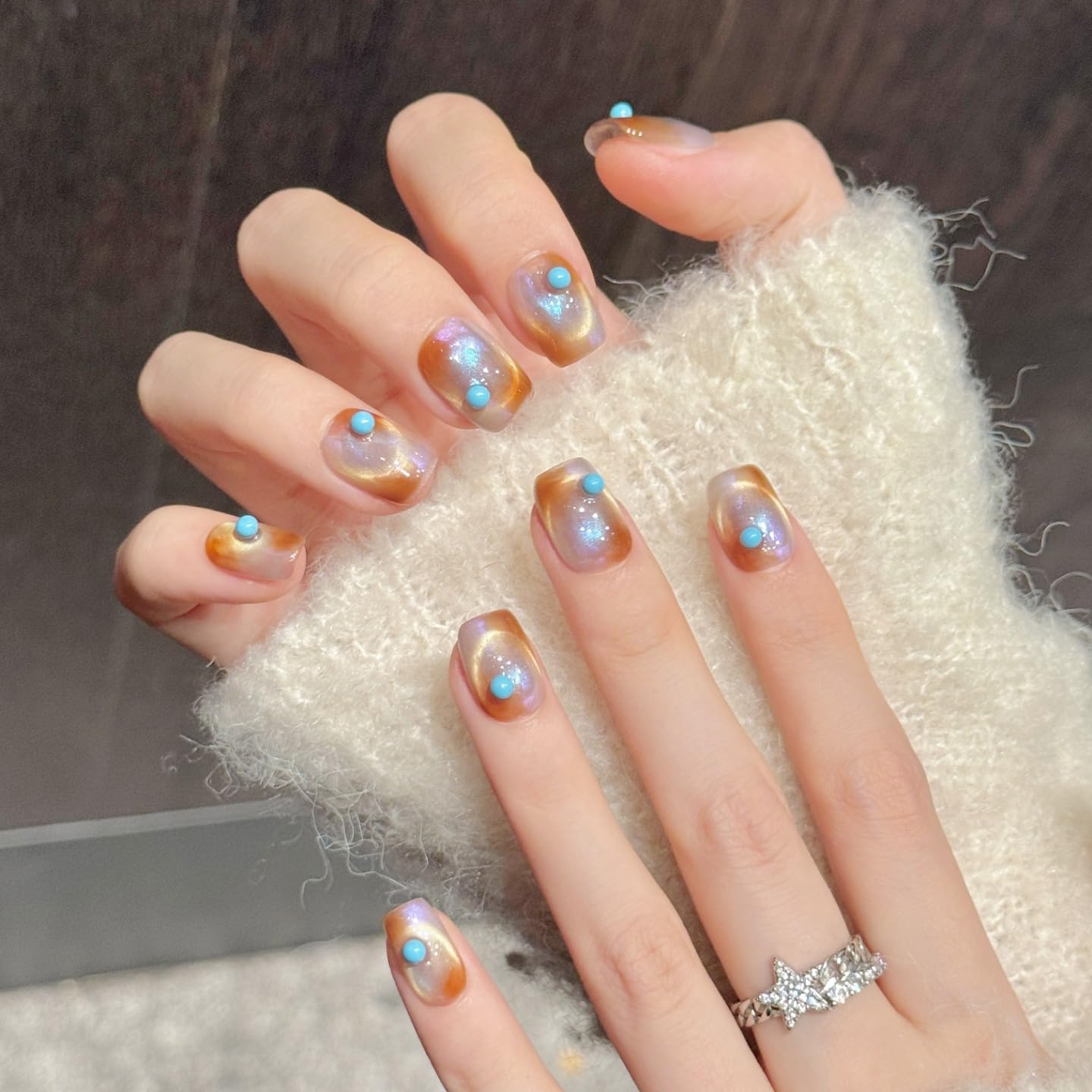 NLSJMP handmade press on Salon Quality nails Reusable short square little blue ball cat eye brown cute acrylic fake nails designed kit,10 pcs Size M #3354