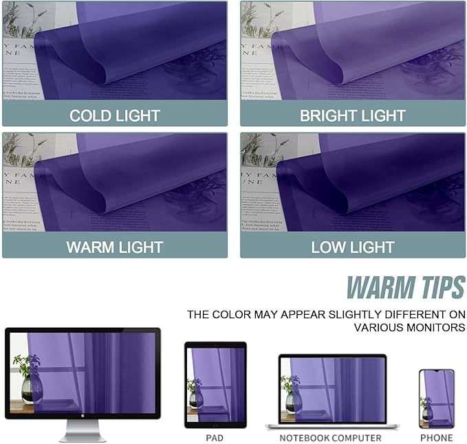 Purple Window Sheer Curtains 54 inch Length, Soft Airy Light Filtering Sheer Curtain 2 Panels Set, Dual Rod Pocket Gauze Purple Drapes for Living Room Bedroom, 2x42Wx54L Inches
