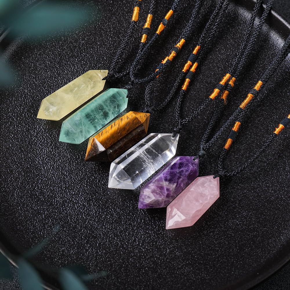 Runyangshi Tiger's Eye Healing Crystal Pendants, Double Pointed Natural Crystal Quartz Necklace 6 Faceted Chakra Crystal Wand Stone