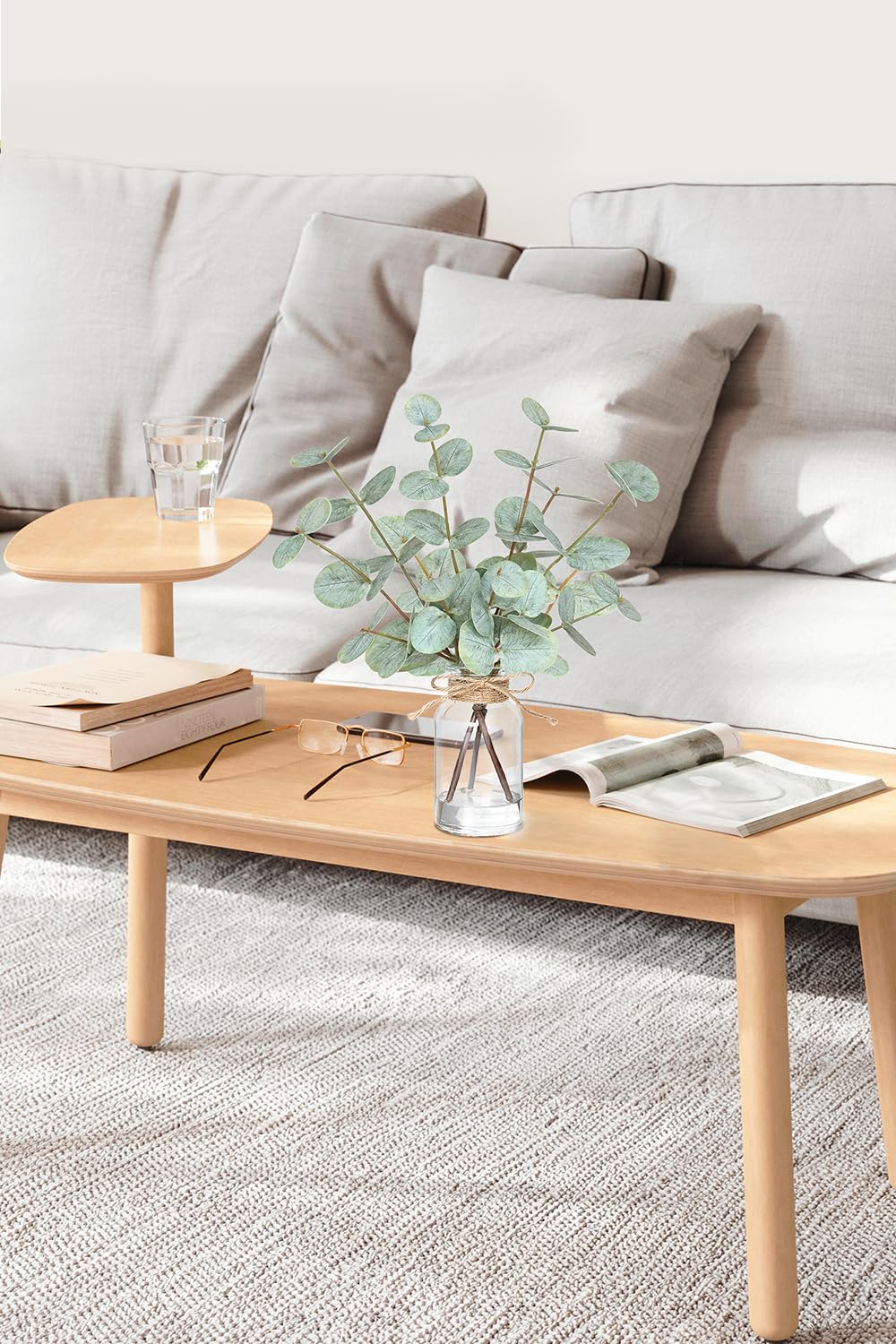 Piklado Fake Eucalyptus Stems in Vase with Faux Water,Artificial Plants Eucalyptus Leaves for Shelf Desk Bathroom Farmhouse Room Coffee Table Faux Greenery Plants Decorations (Green)