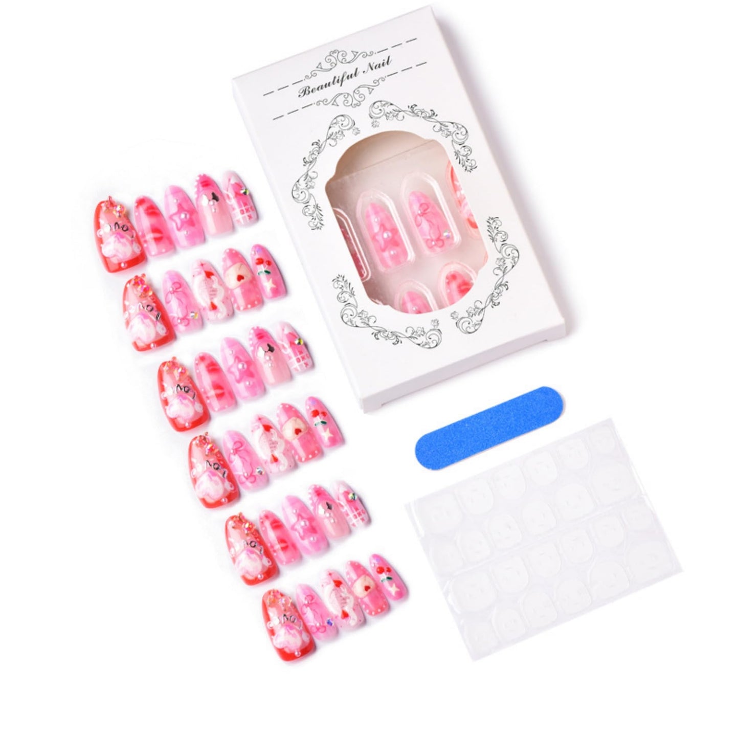 octoswave Almond Press on Nails Medium Fake Nails Cute Pink Love Artificial Nail 3D Sparkly Charm Stick on Nail for Women 30pcs
