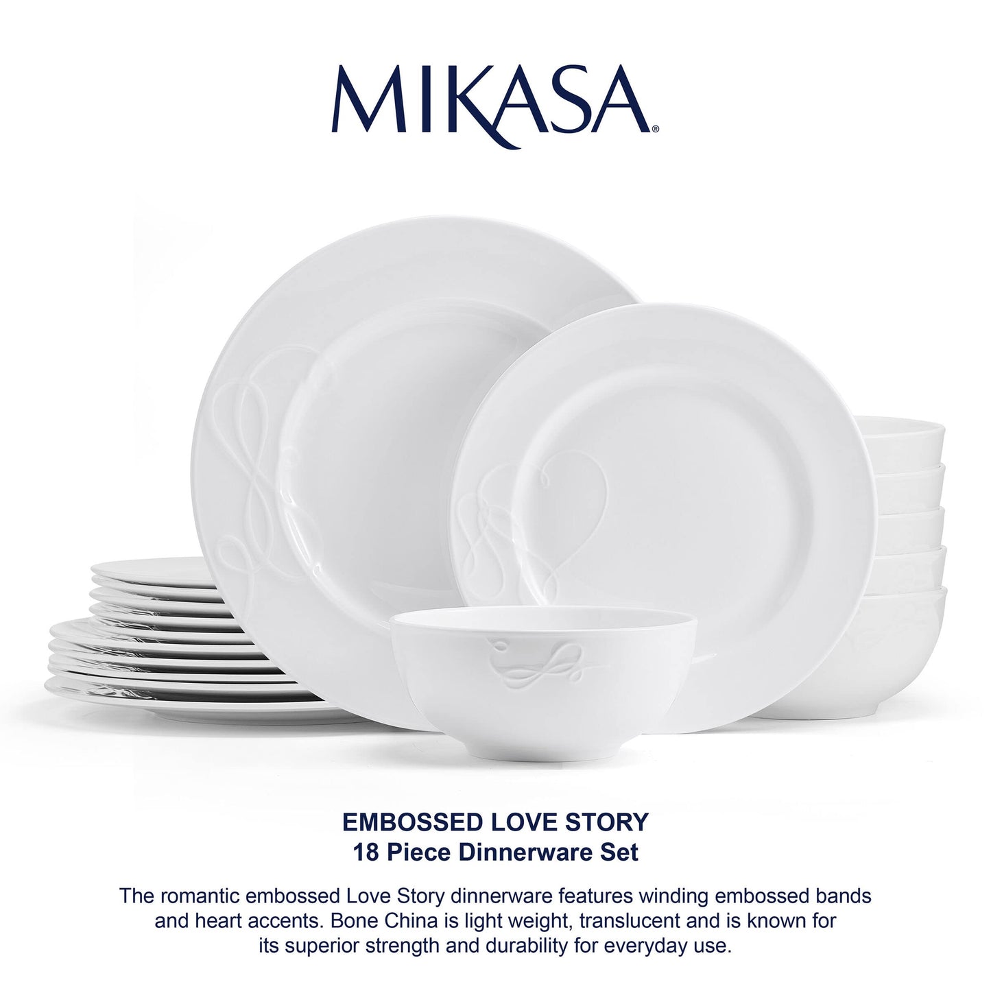Mikasa Love Story White Chip Resistant 18 Piece Dinnerware Set, Service for 6