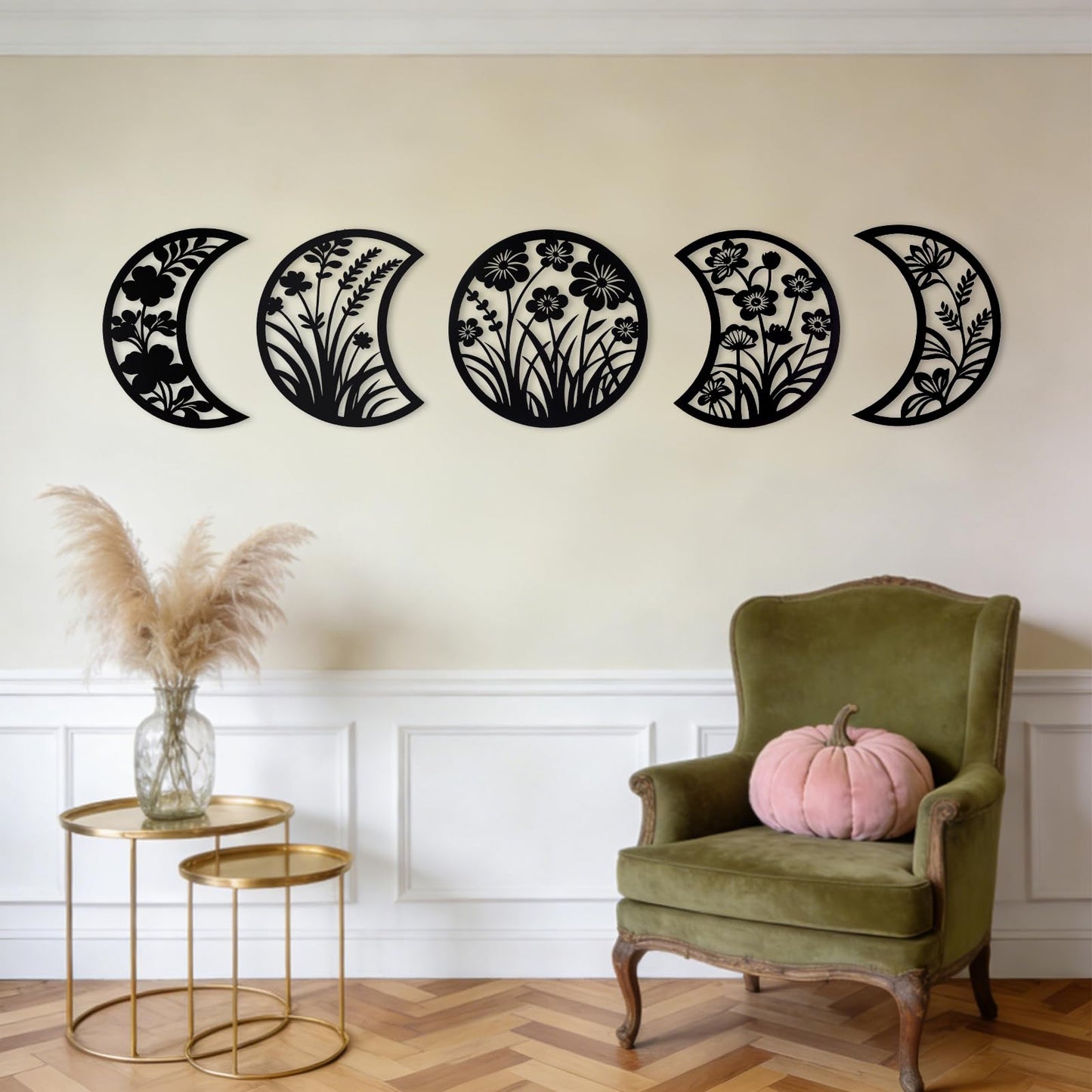 Larber 5PCS Black Metal Moon Phase Wall Hanging Decor 7.5–10 inch Moon Phase Wall Art with Floral & Herb Silhouettes Boho Lunar Aesthetic Art for Bedroom Gift Bathroom Restaurant Wall