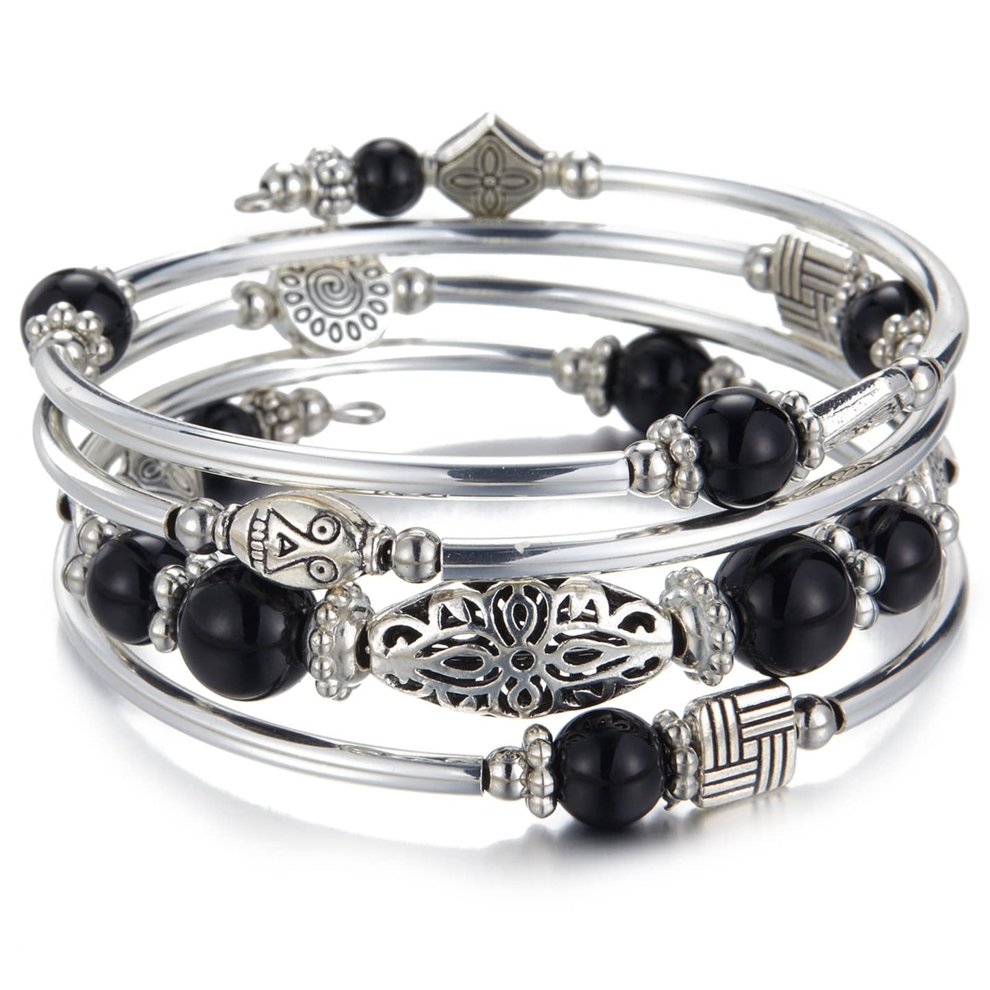 Layered Wrap Bangle Turquoise Bracelet - Bead Bracelet with Natural Agate Stone, Gifts For Women (03-Black)